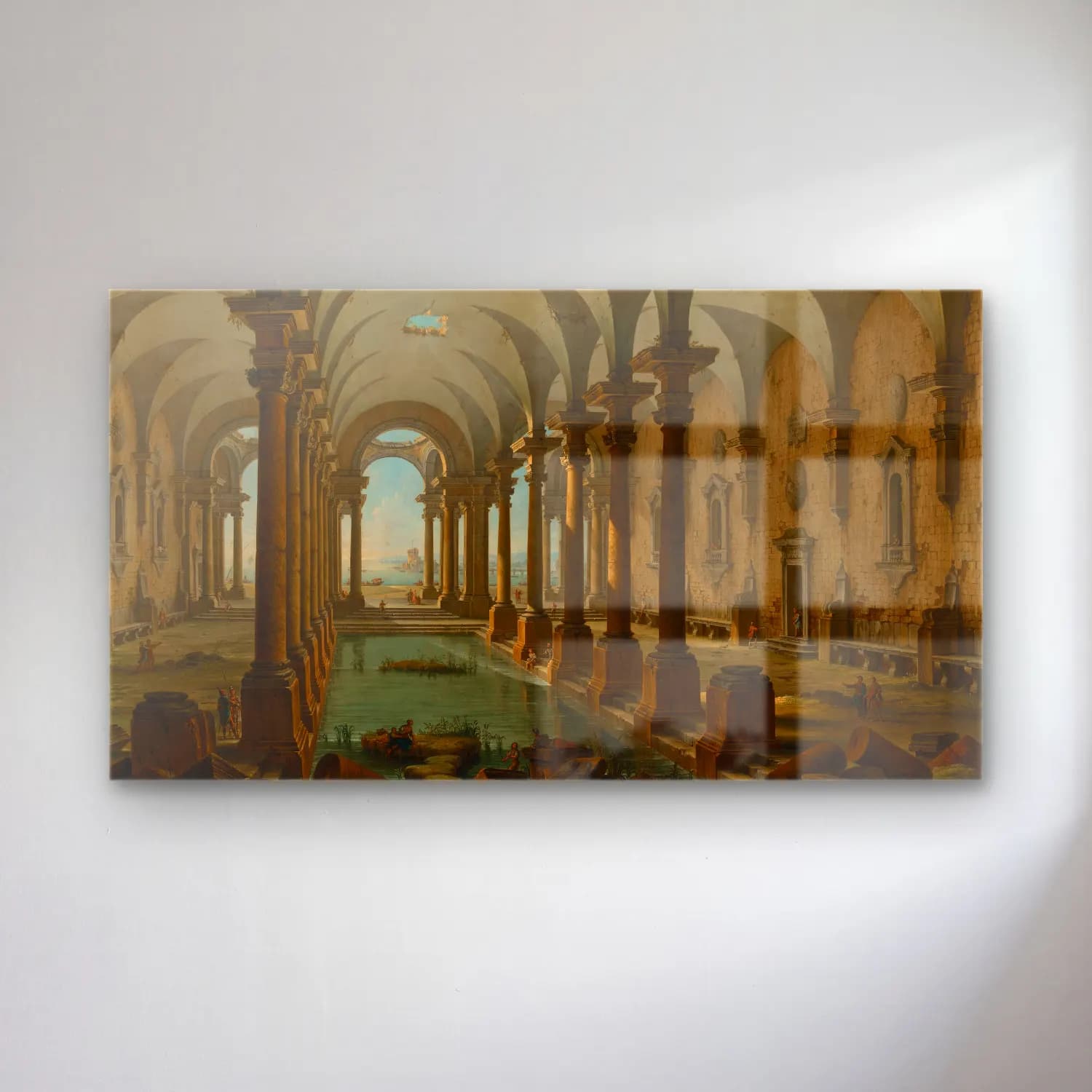 Antonio Joli – A capriccio of partially ruined baths with people swimming cam tablo — Antonio Joli – A capriccio of partially ruined baths with people swimming — yağlı boya antik kalıntılar