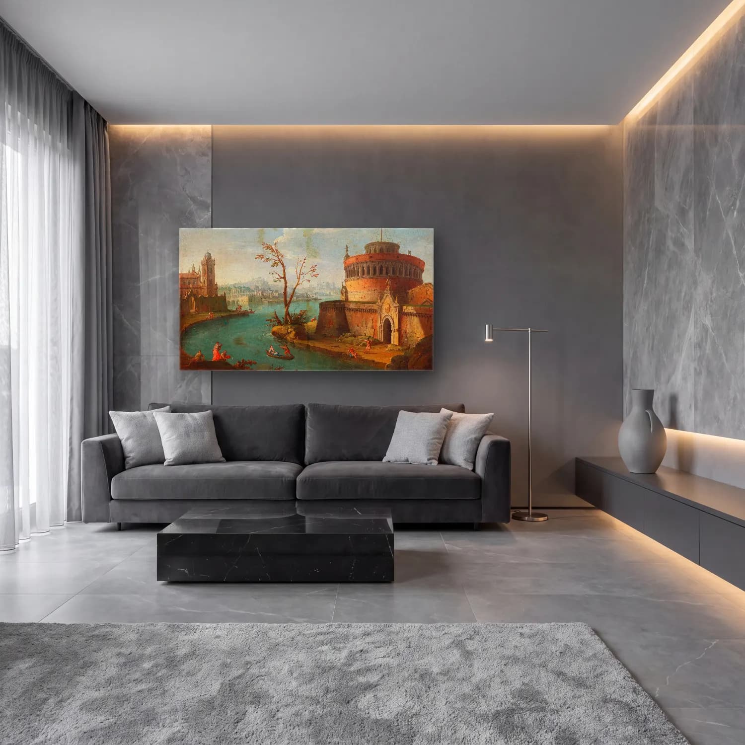Antonio Joli – An Italianate capriccio river landscape cam tablo — lüks salon duvarında