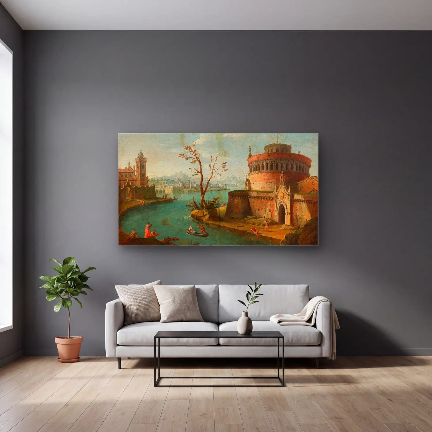 Antonio Joli – An Italianate capriccio river landscape cam tablo — gri duvarlı salonda