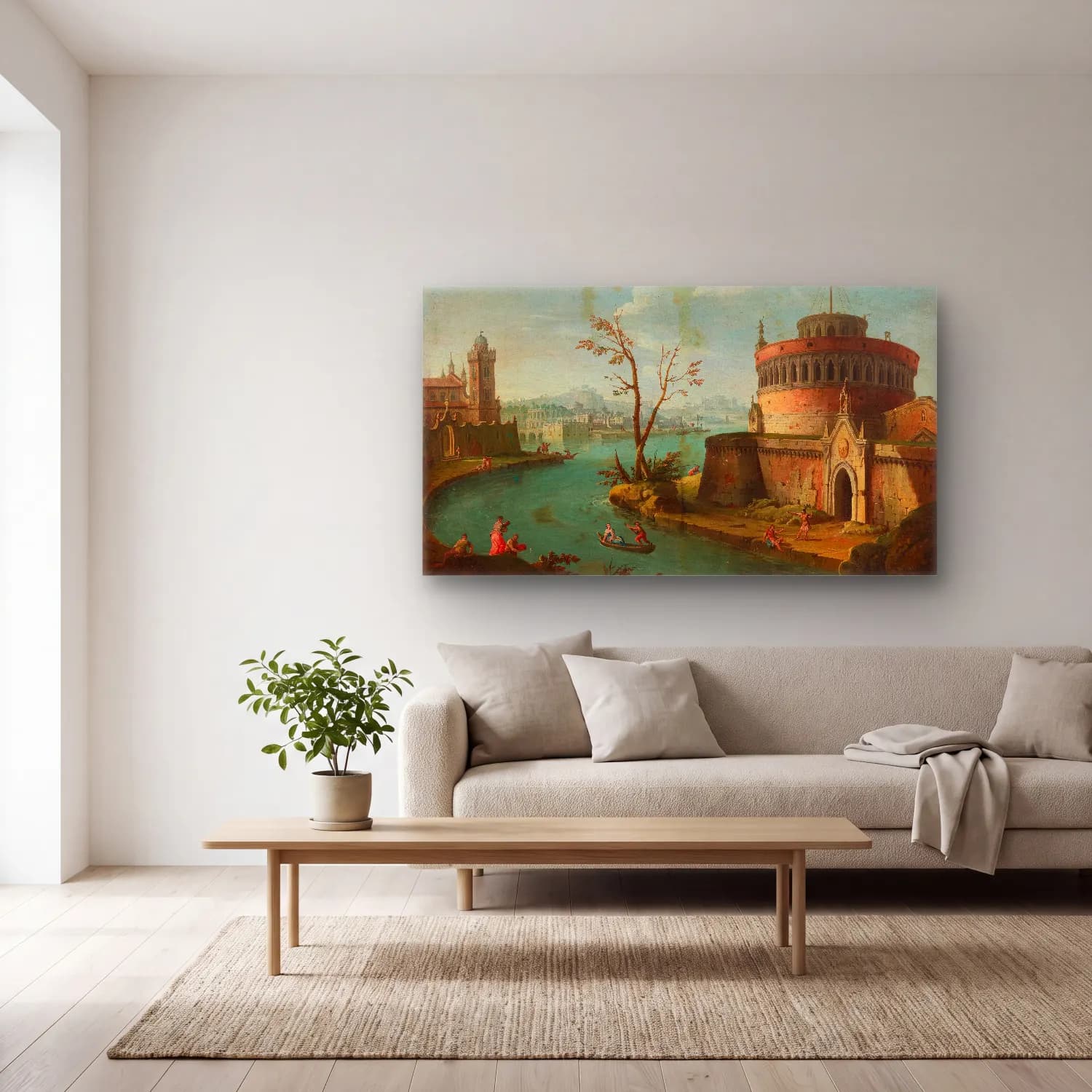 Antonio Joli – An Italianate capriccio river landscape cam tablo — açık renk salonda