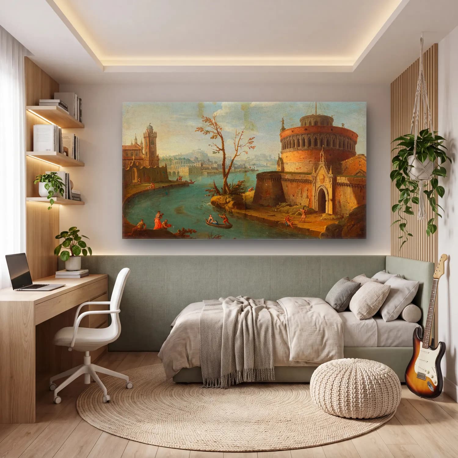 Antonio Joli – An Italianate capriccio river landscape cam tablo — genç odasında