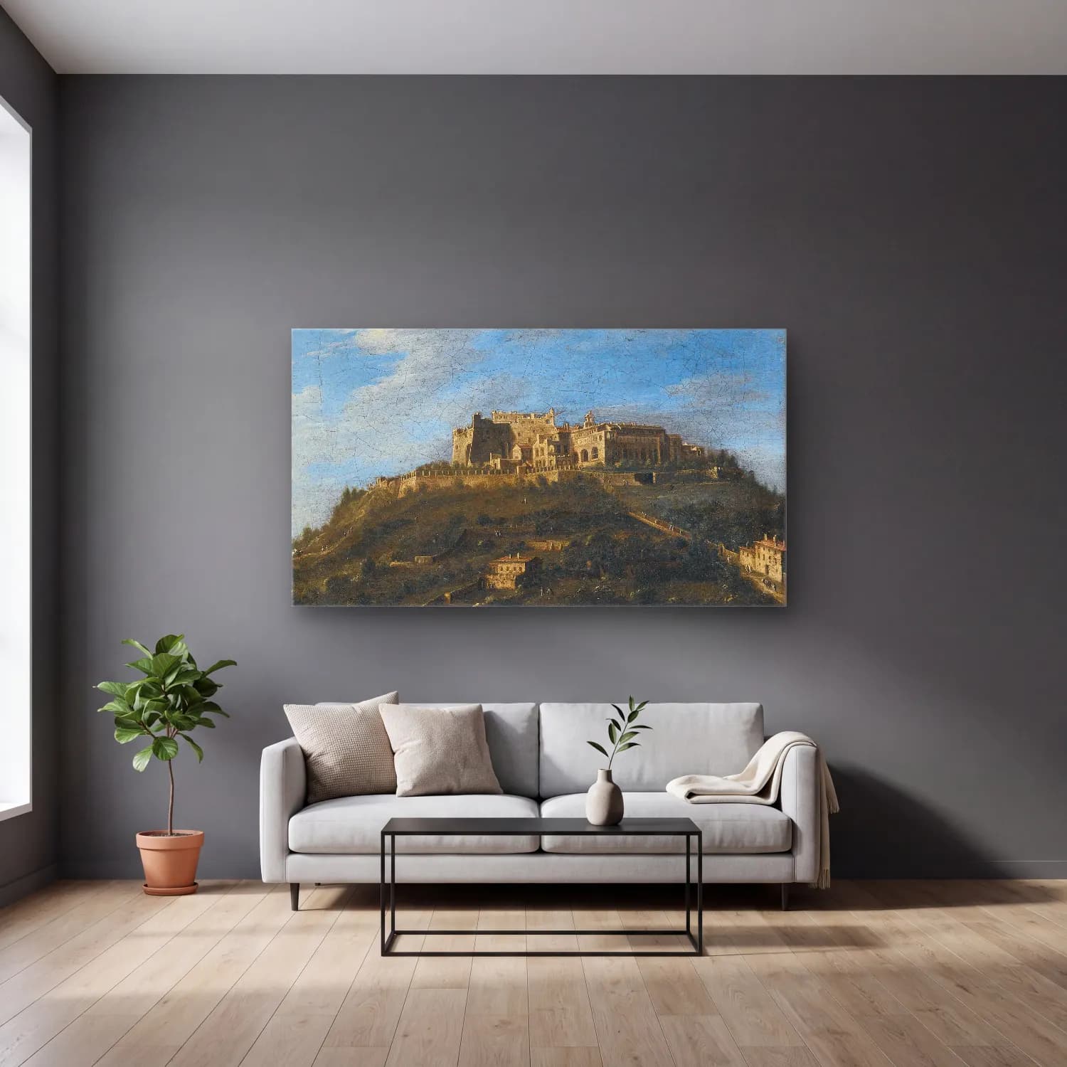 Antonio Joli – Monastery Di San Martino, Naples cam tablo — gri duvarlı salonda