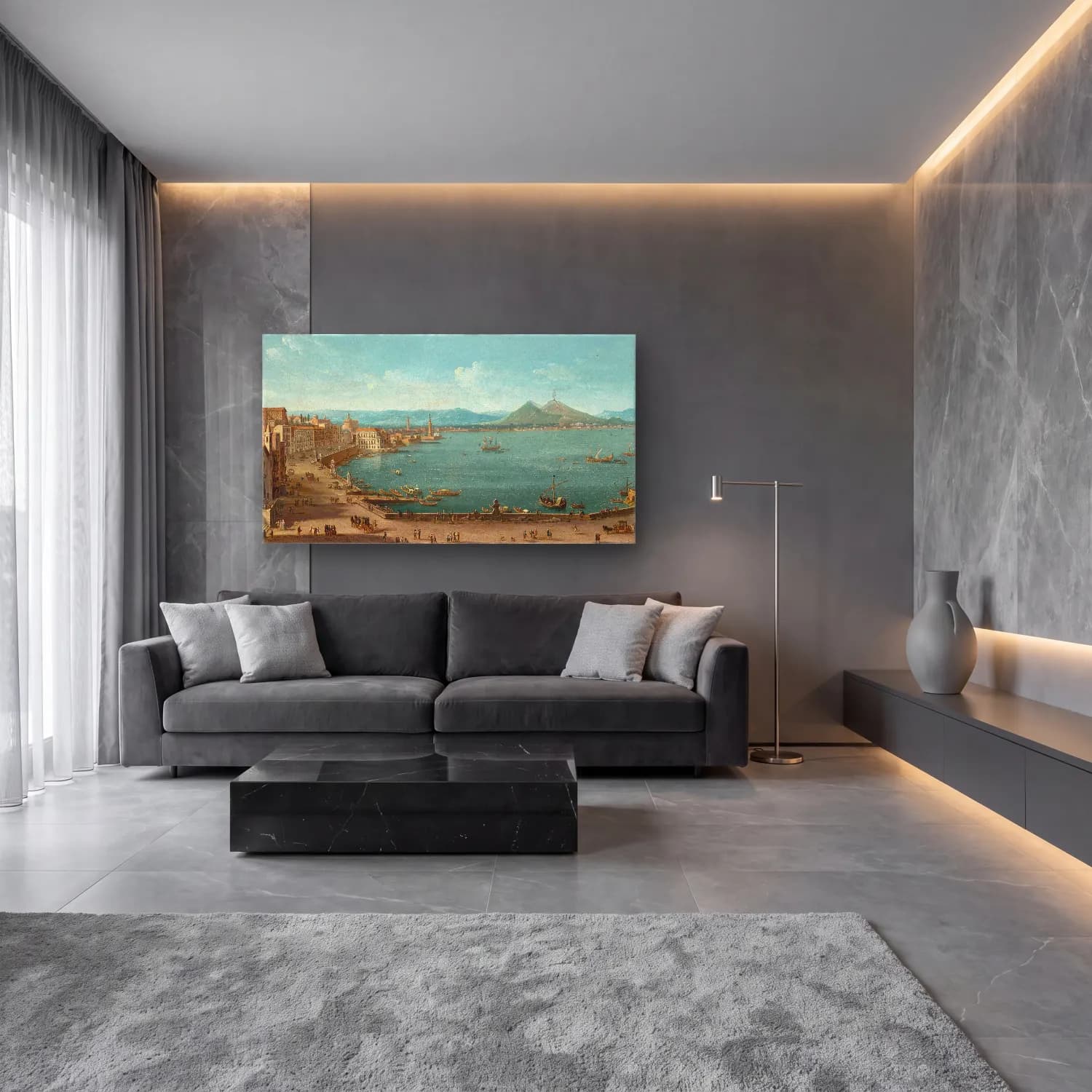 Antonio Joli – Naples with the Bay of Santa Lucia and Vesuvius beyond cam tablo — lüks salon duvarında