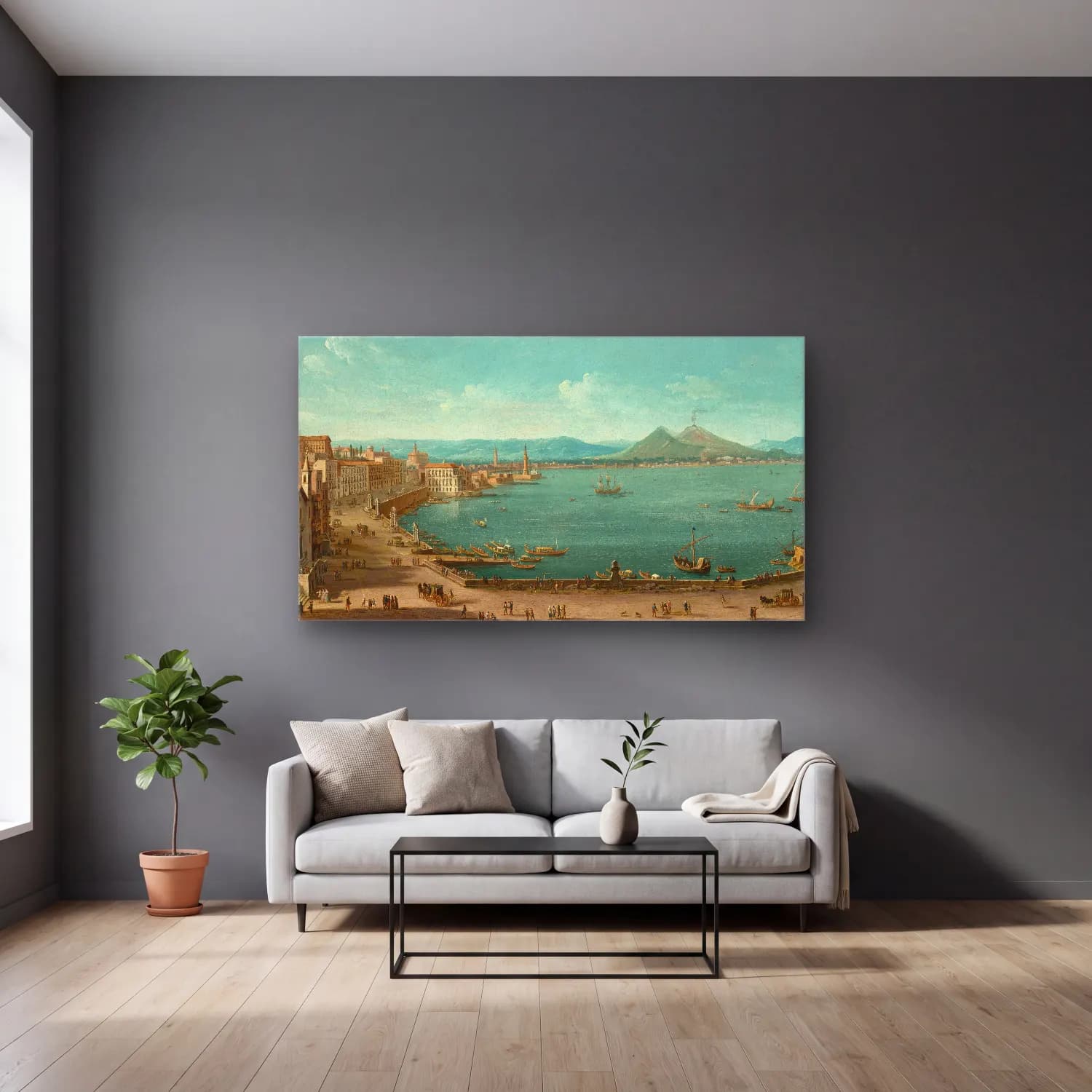 Antonio Joli – Naples with the Bay of Santa Lucia and Vesuvius beyond cam tablo — gri duvarlı salonda