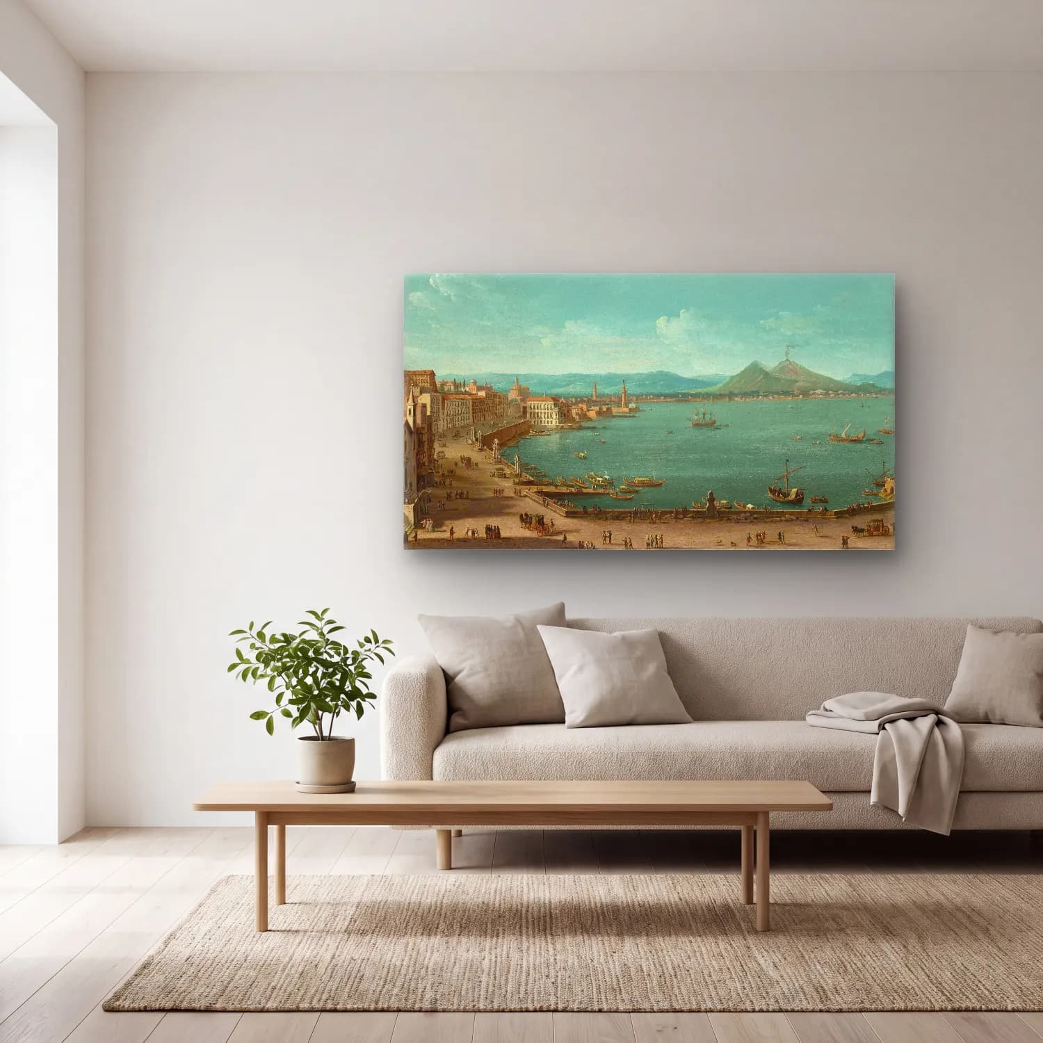 Antonio Joli – Naples with the Bay of Santa Lucia and Vesuvius beyond cam tablo — açık renk salonda