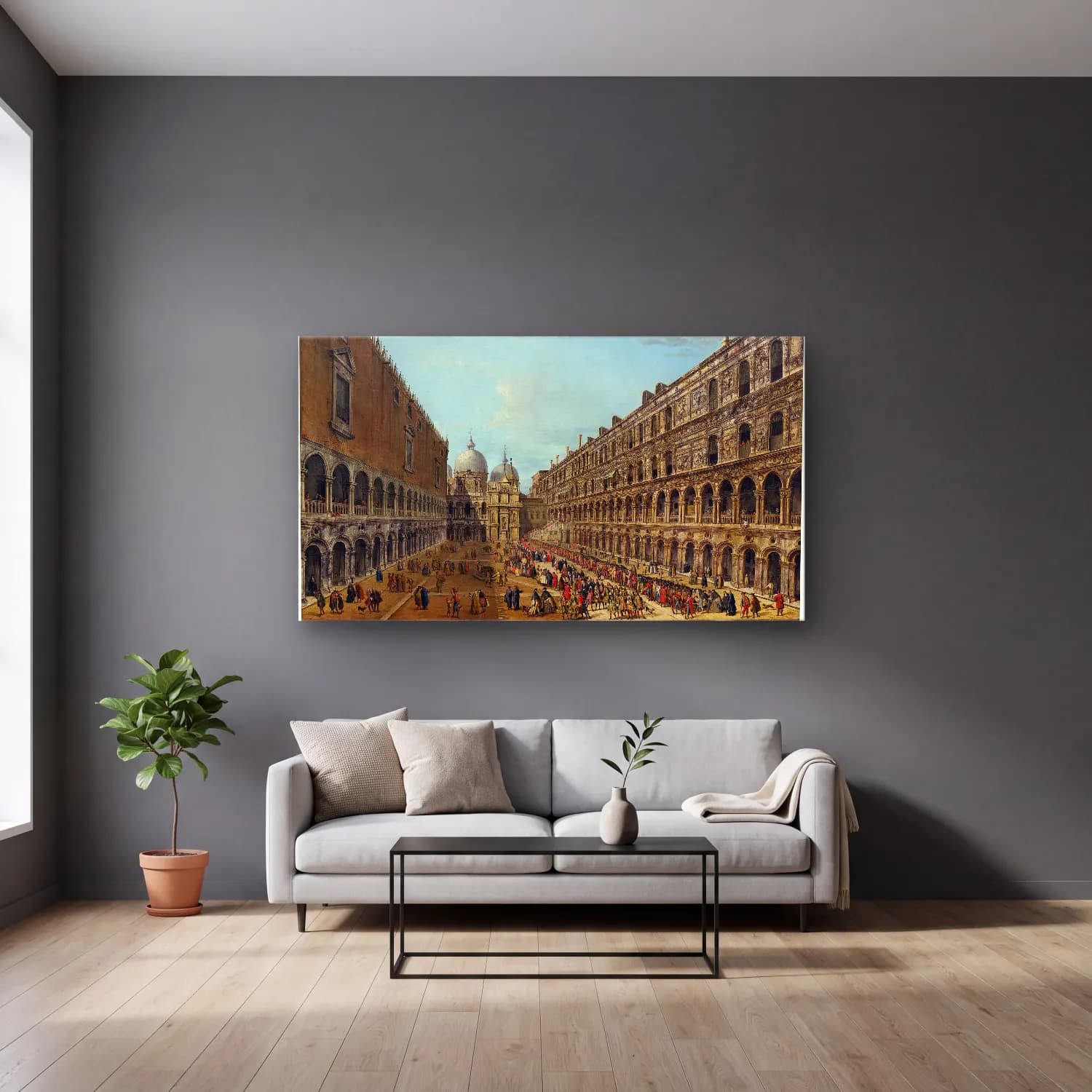 Antonio Joli – Procession in the Courtyard of the Ducal Palace,Venice cam tablo — gri duvarlı salonda