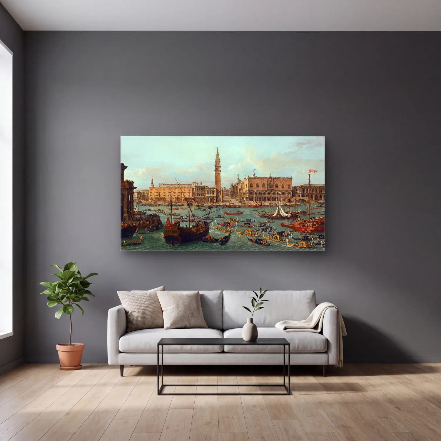 Antonio Joli – Procession of Gondolas in the Bacino di San Marco,Venice cam tablo — gri duvarlı salonda