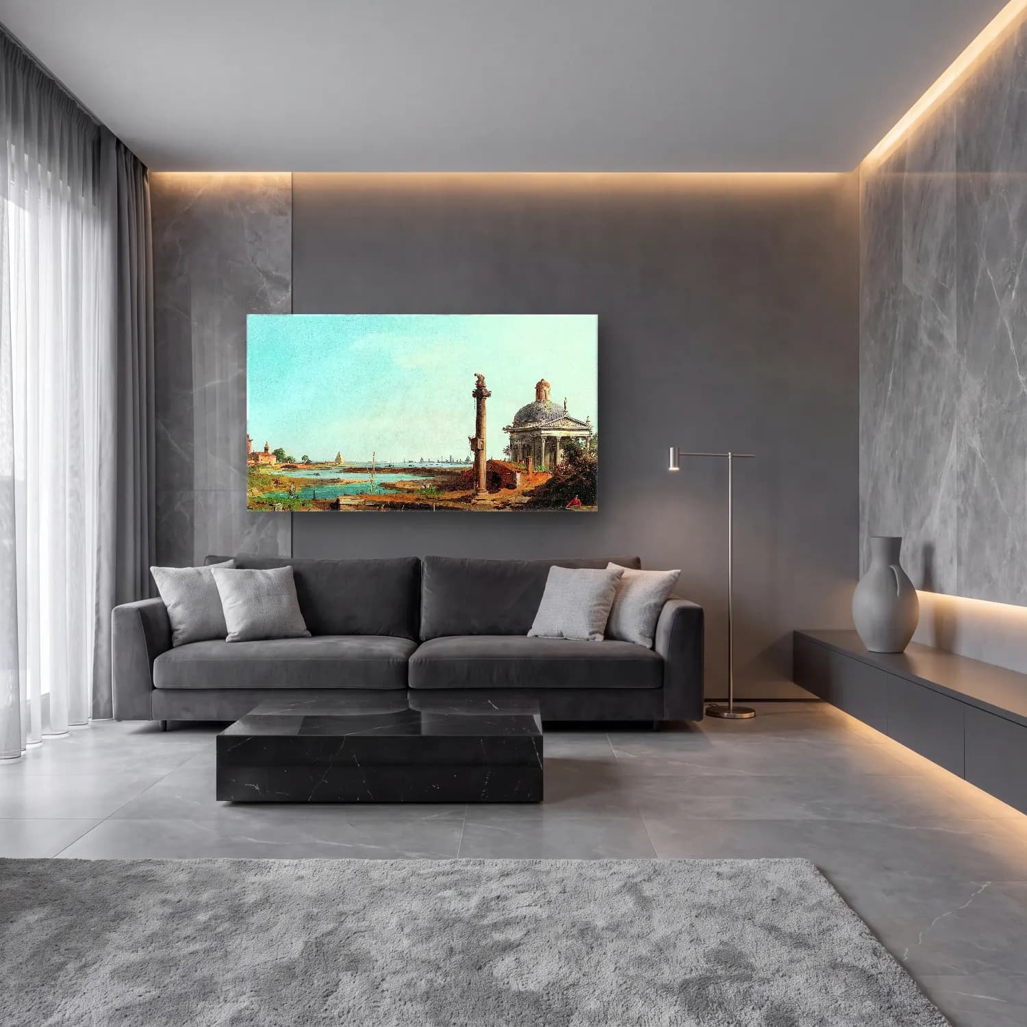 Yağlı Boya Antik Kalıntılar cam tablo — lüks salon duvarında