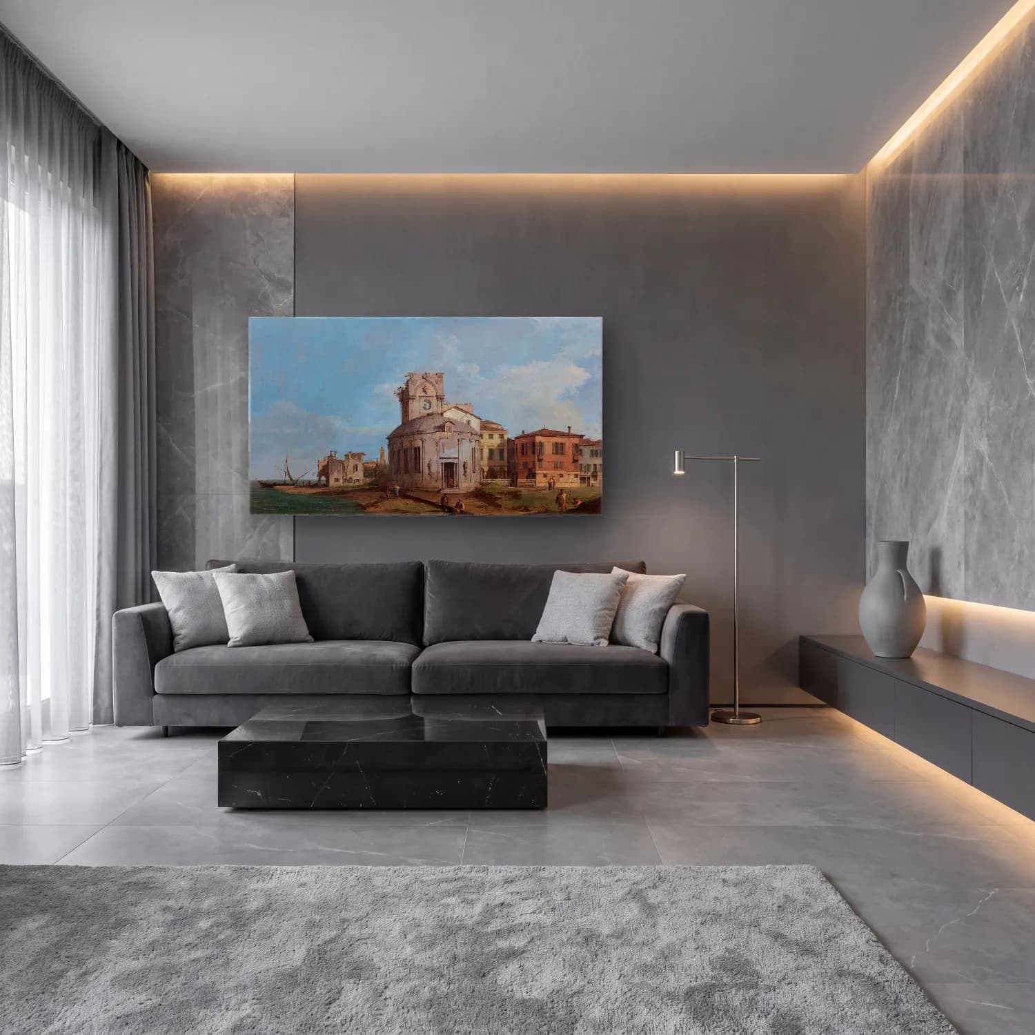 Yağlı Boya Katedral – Mavi Tonlar cam tablo — lüks salon duvarında