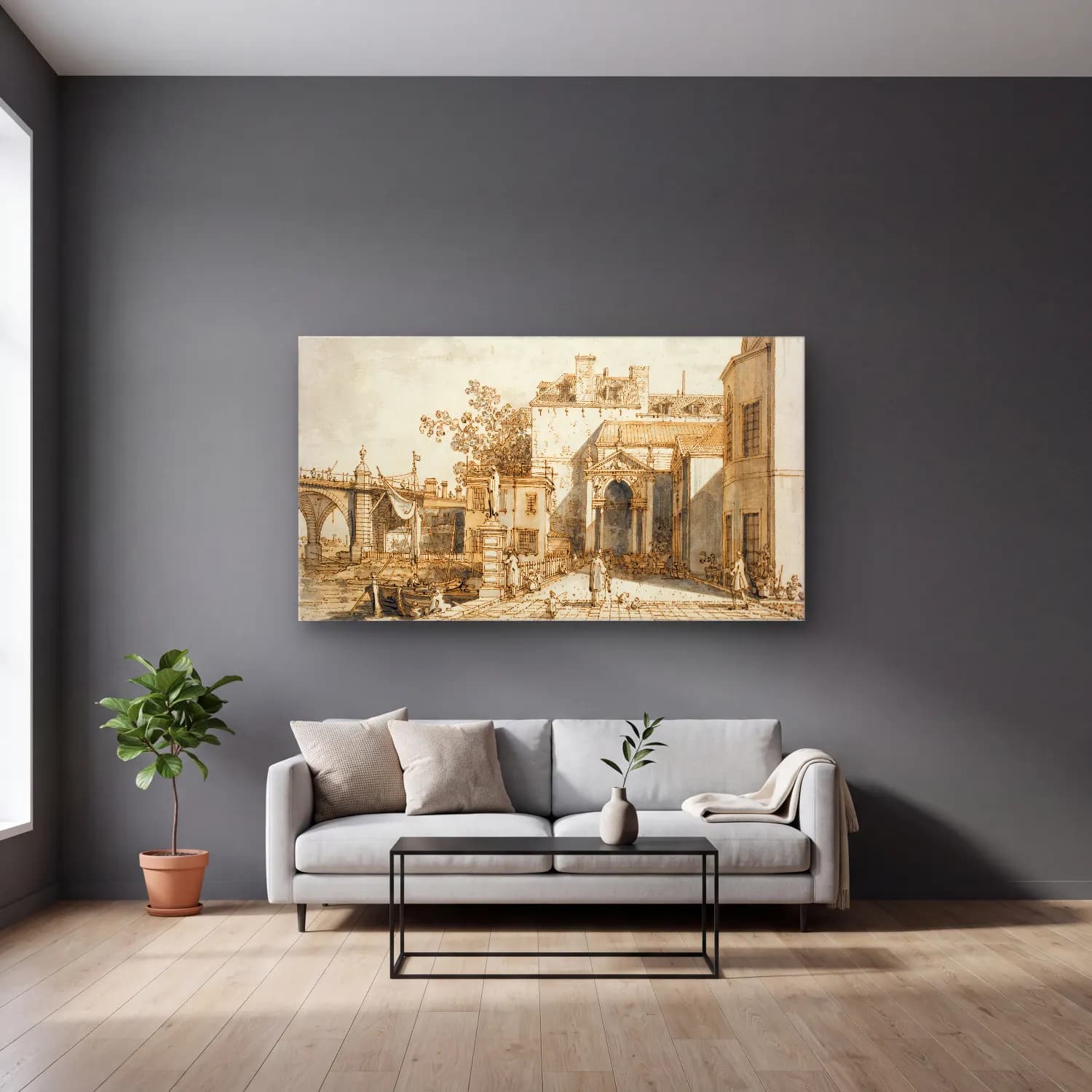 Vintage Roma cam tablo — gri duvarlı salonda