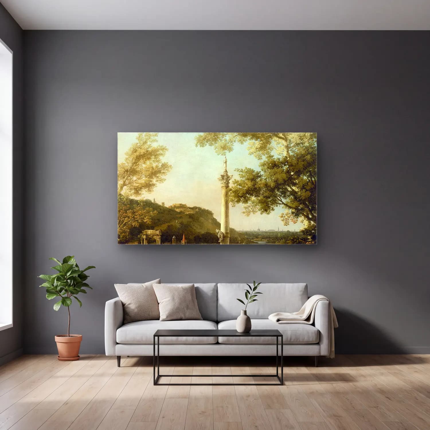 Yağlı Boya Roma cam tablo — gri duvarlı salonda