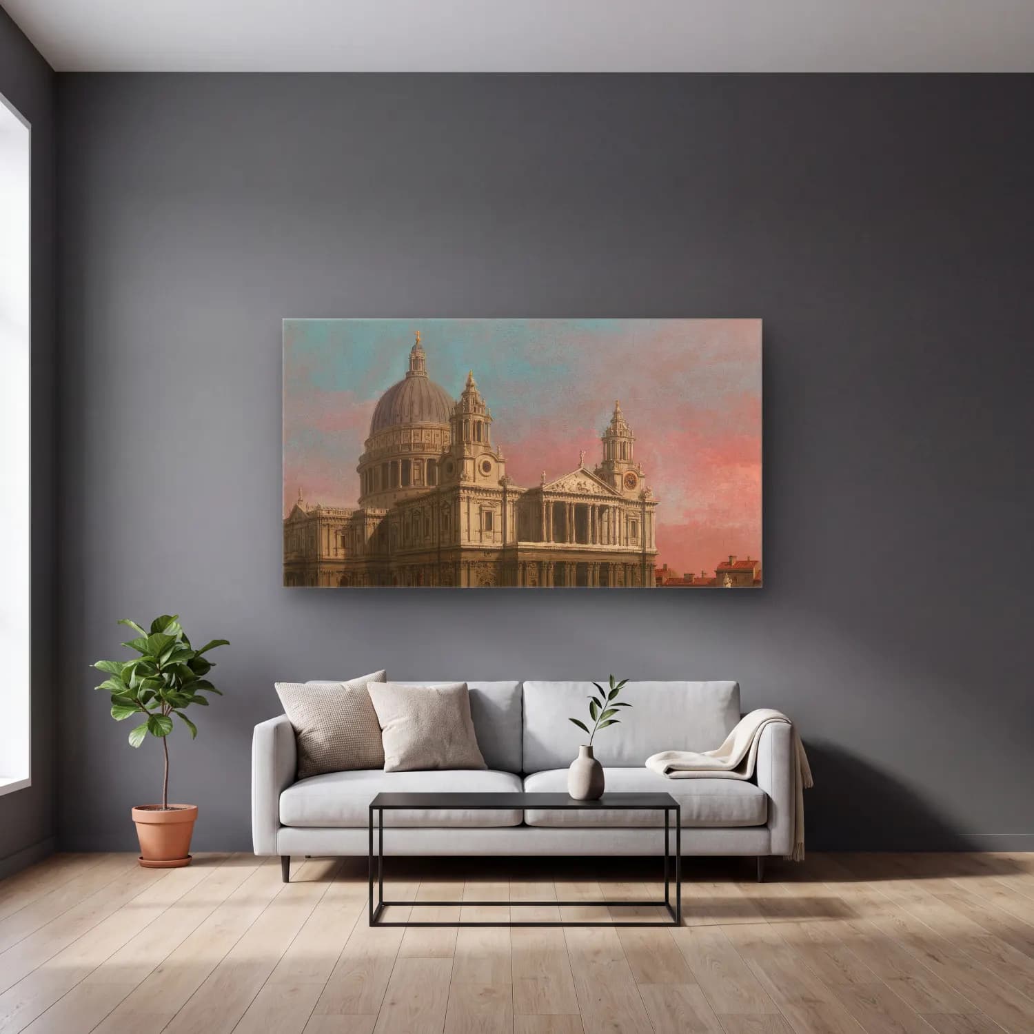 Yağlı Boya Katedral – Pastel Tonlar cam tablo — gri duvarlı salonda