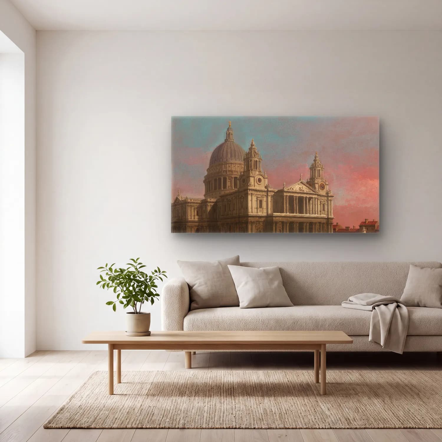 Yağlı Boya Katedral – Pastel Tonlar cam tablo — açık renk salonda