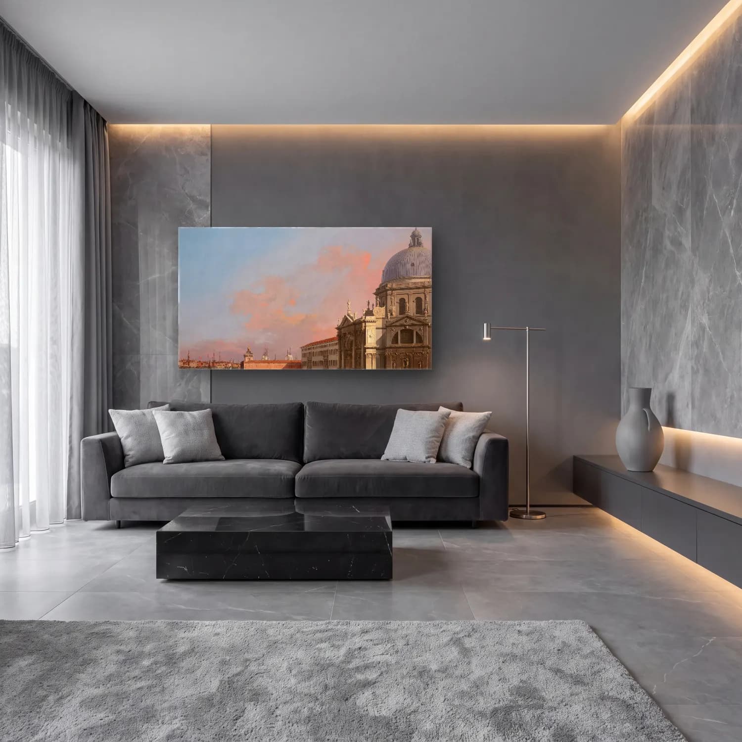 Yağlı Boya Roma – Pembe Tonlar cam tablo — lüks salon duvarında
