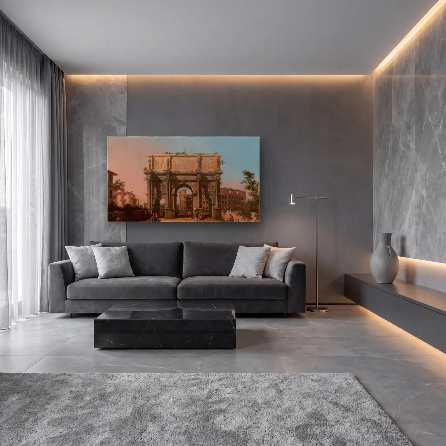 Yağlı Boya Roma – Bej Tonlar cam tablo — lüks salon duvarında