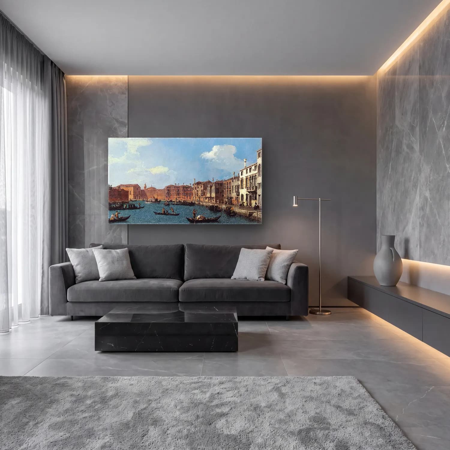 Yağlı Boya Venedik Kanalları – Mavi Tonlar cam tablo — lüks salon duvarında