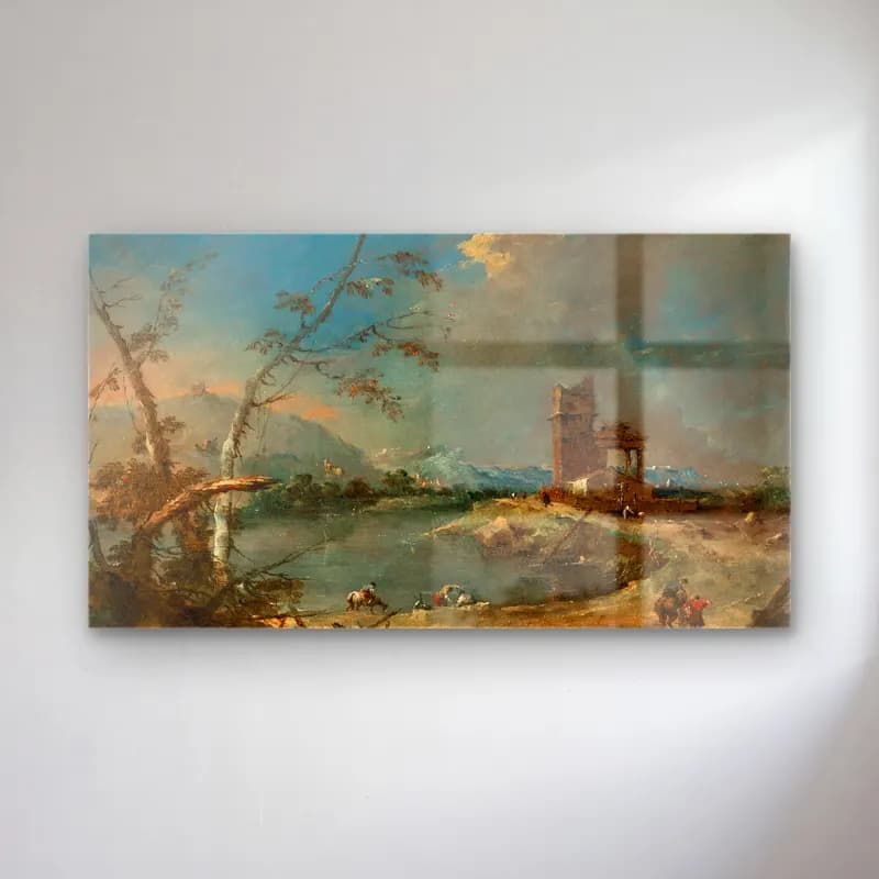 Francesco Guardi – A capriccio of a rustic tower beside a lake cam tablo — Francesco Guardi – A capriccio of a rustic tower beside a lake — yağlı boya kırda nehir