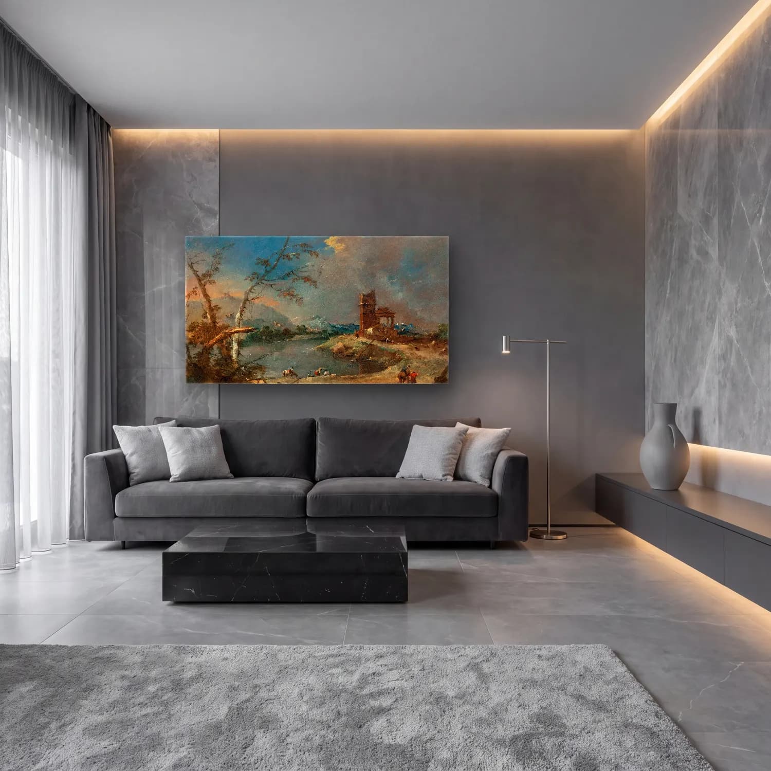 Francesco Guardi – A capriccio of a rustic tower beside a lake cam tablo — lüks salon duvarında