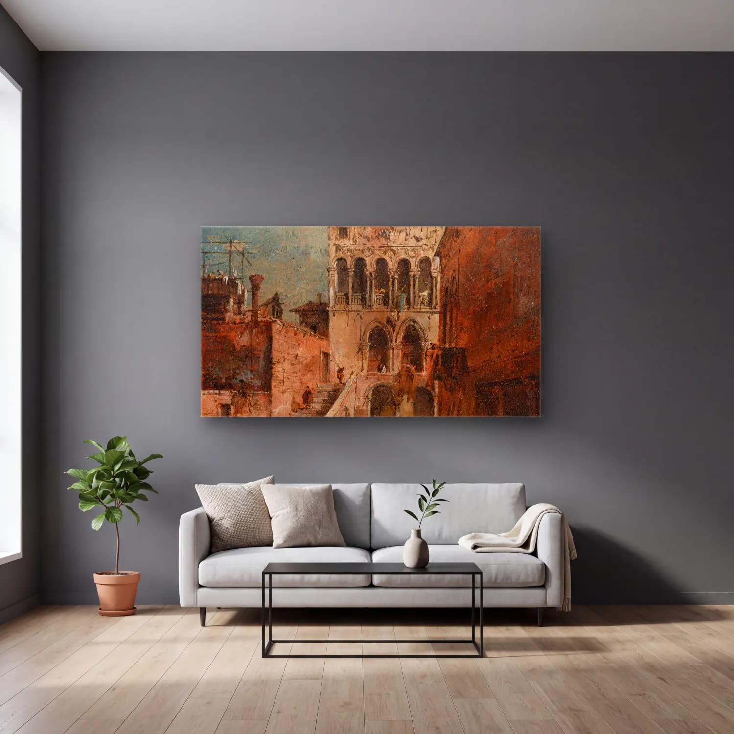 Francesco Guardi – An architectural capriccio with a campiello cam tablo — gri duvarlı salonda