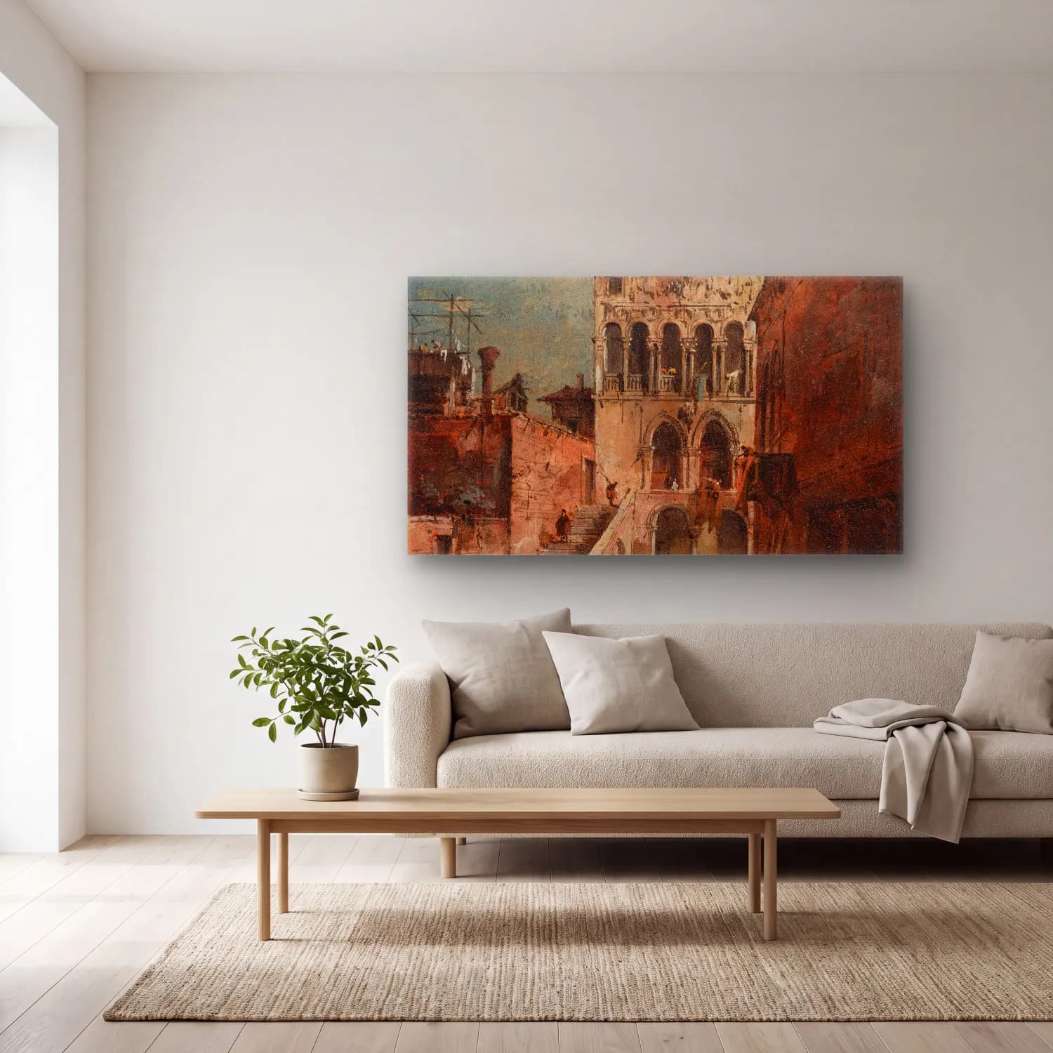 Francesco Guardi – An architectural capriccio with a campiello cam tablo — açık renk salonda