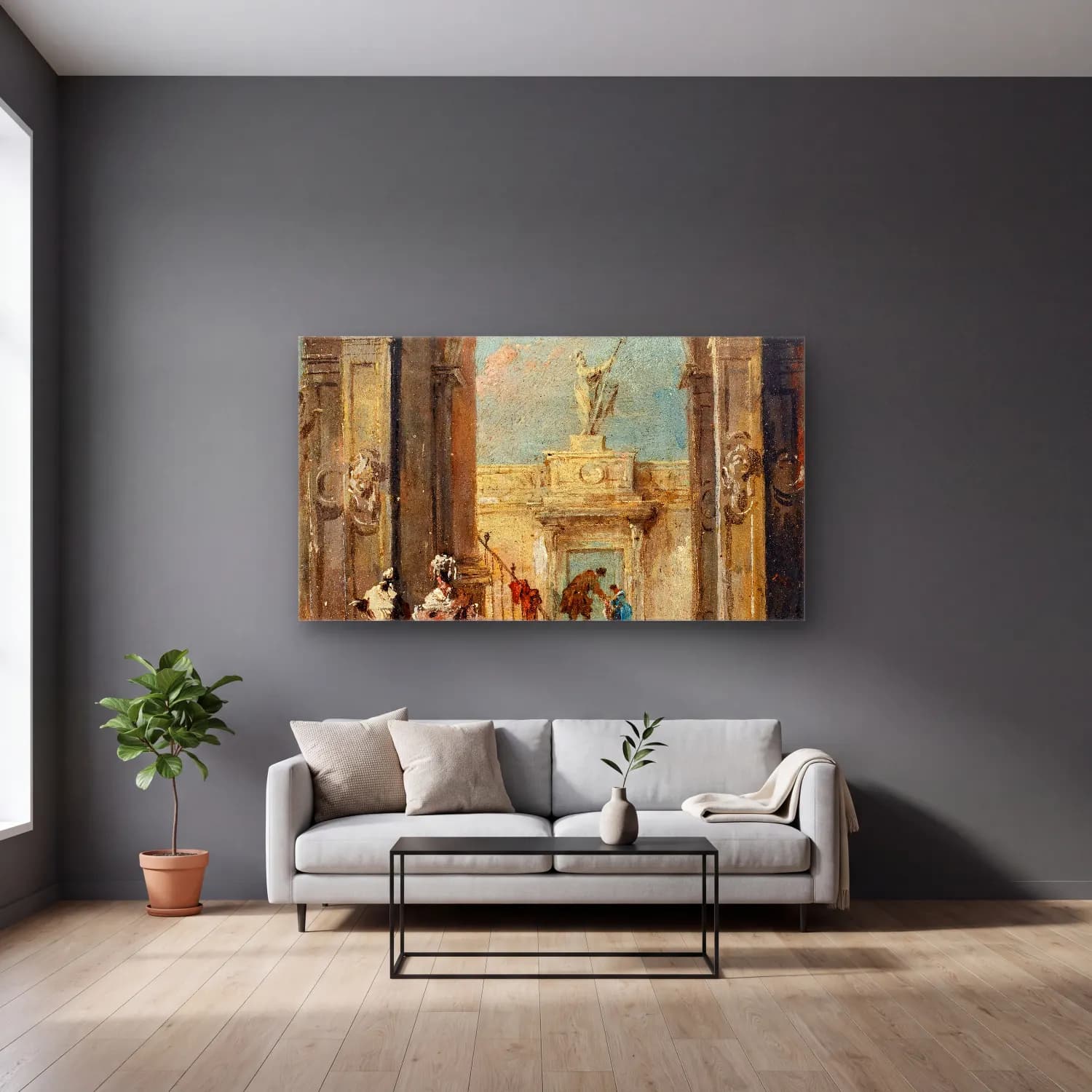 Francesco Guardi – An architectural capriccio with elegantly dressed figures cam tablo — gri duvarlı salonda