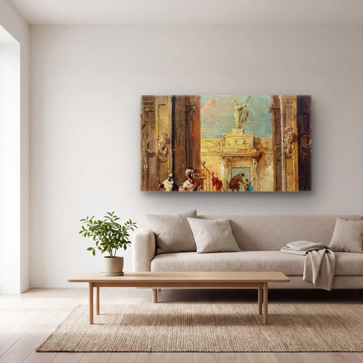 Francesco Guardi – An architectural capriccio with elegantly dressed figures cam tablo — açık renk salonda