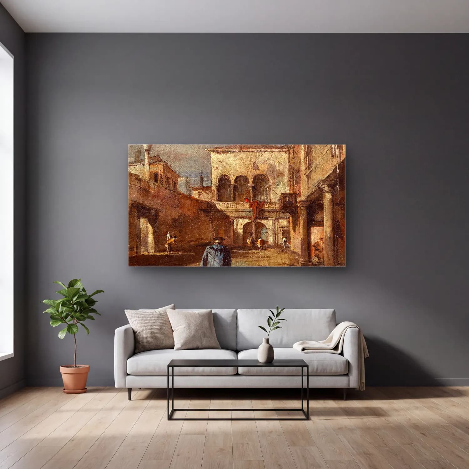 Francesco Guardi – Architectural fantasy with a courtyard cam tablo — gri duvarlı salonda