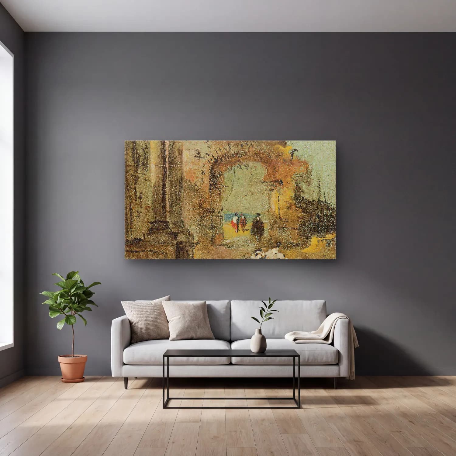 Francesco Guardi – Capriccio Of Architectural Ruins And Figures cam tablo — gri duvarlı salonda