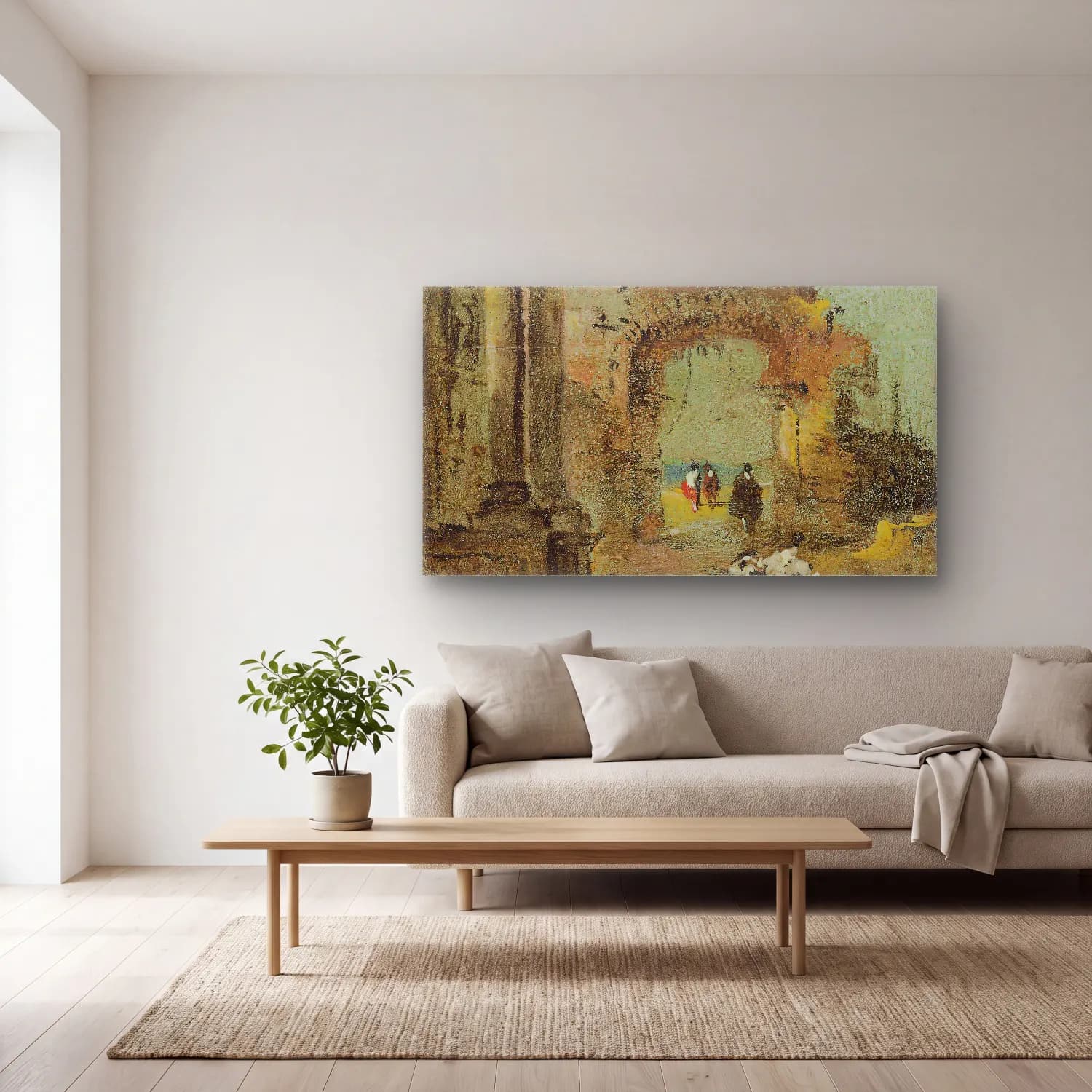 Francesco Guardi – Capriccio Of Architectural Ruins And Figures cam tablo — açık renk salonda