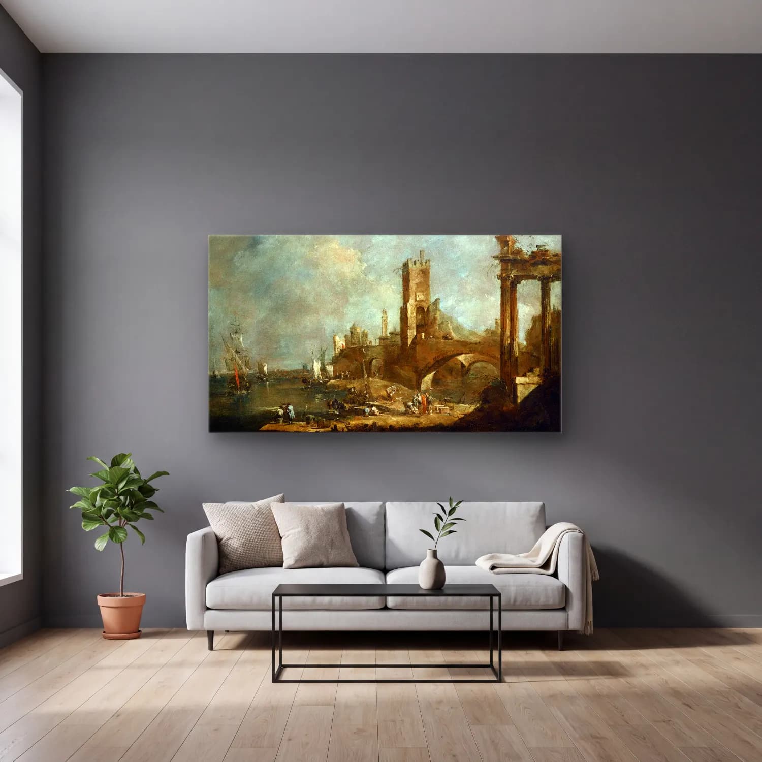 Francesco Guardi – Capriccio of a Harbor cam tablo — gri duvarlı salonda