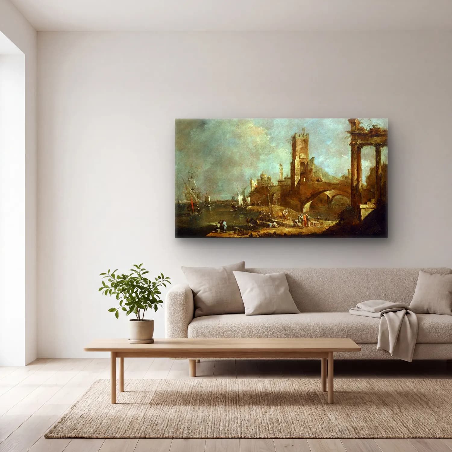 Francesco Guardi – Capriccio of a Harbor cam tablo — açık renk salonda