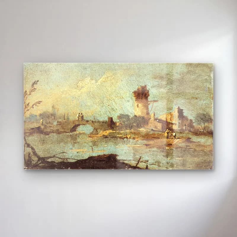 Francesco Guardi – Caprice rustique, avec pont et tour en ruine (18th century) cam tablo — Francesco Guardi – Caprice rustique, avec pont et tour en ruine (18th century) — empresyonist köprü