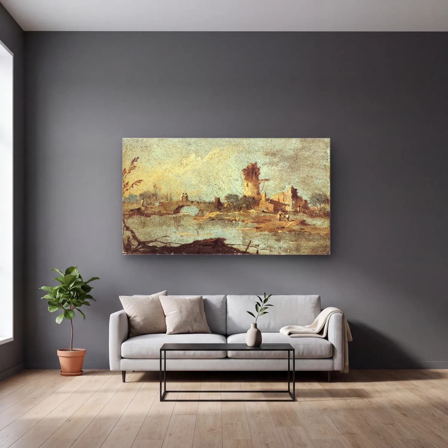 Francesco Guardi – Caprice rustique, avec pont et tour en ruine (18th century) cam tablo — gri duvarlı salonda
