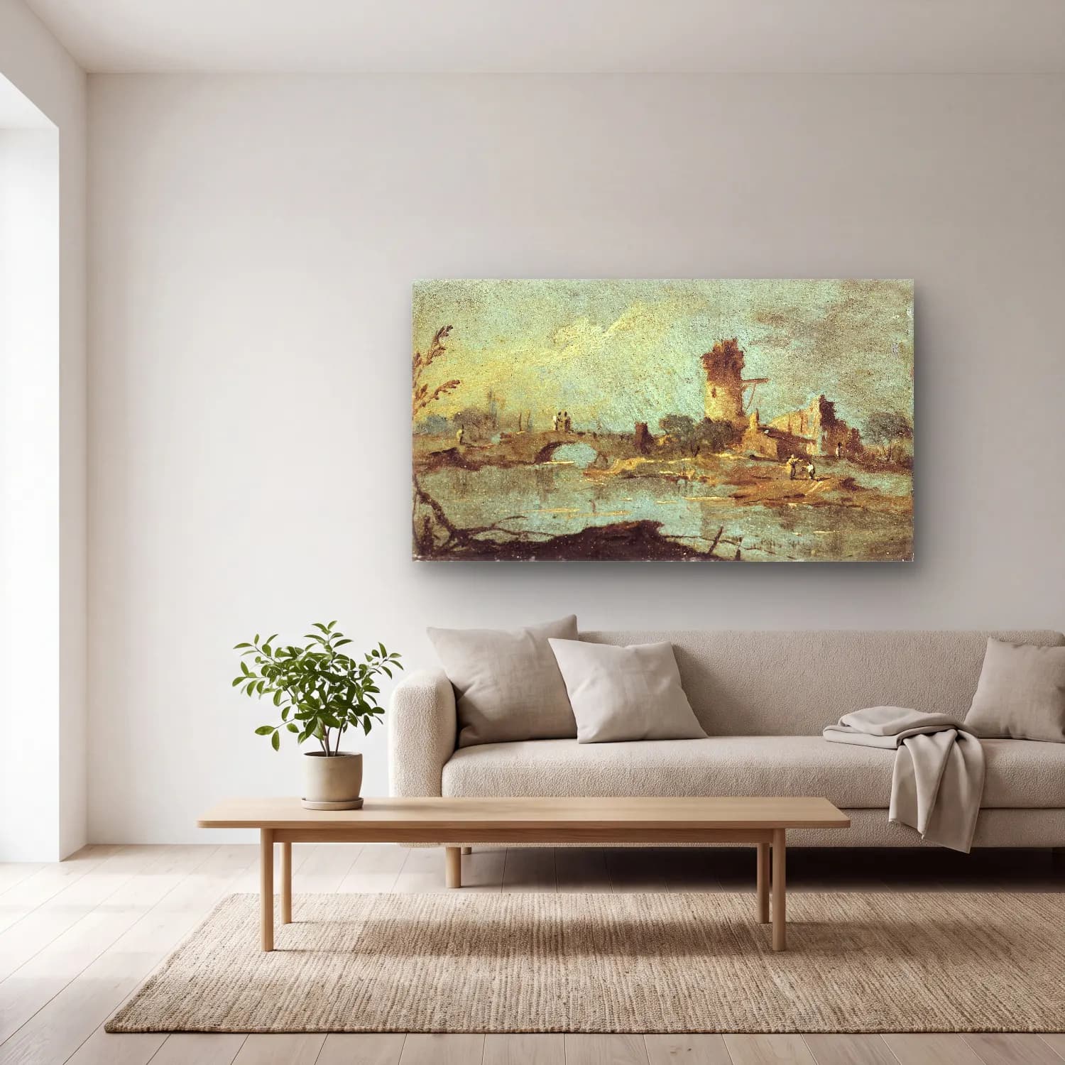 Francesco Guardi – Caprice rustique, avec pont et tour en ruine (18th century) cam tablo — açık renk salonda
