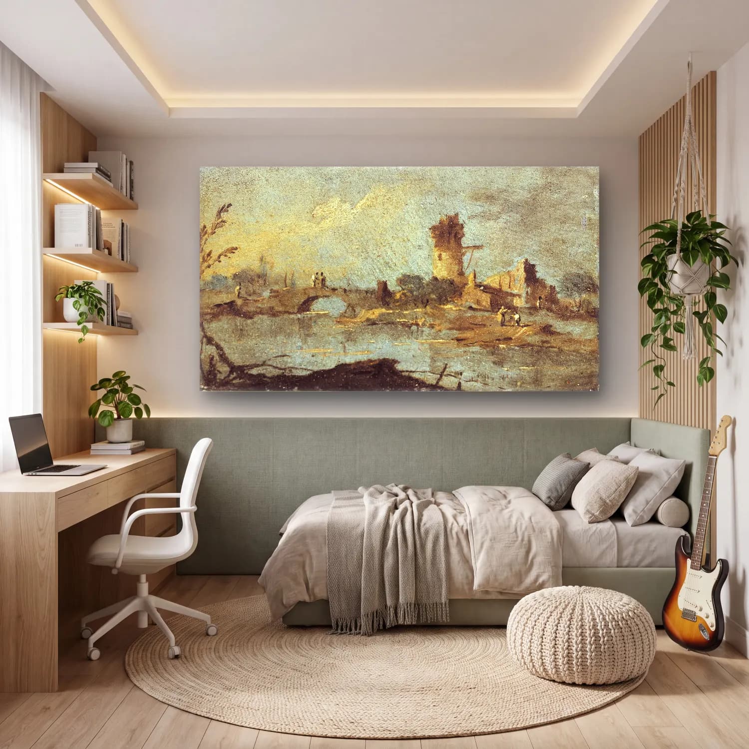 Francesco Guardi – Caprice rustique, avec pont et tour en ruine (18th century) cam tablo — genç odasında