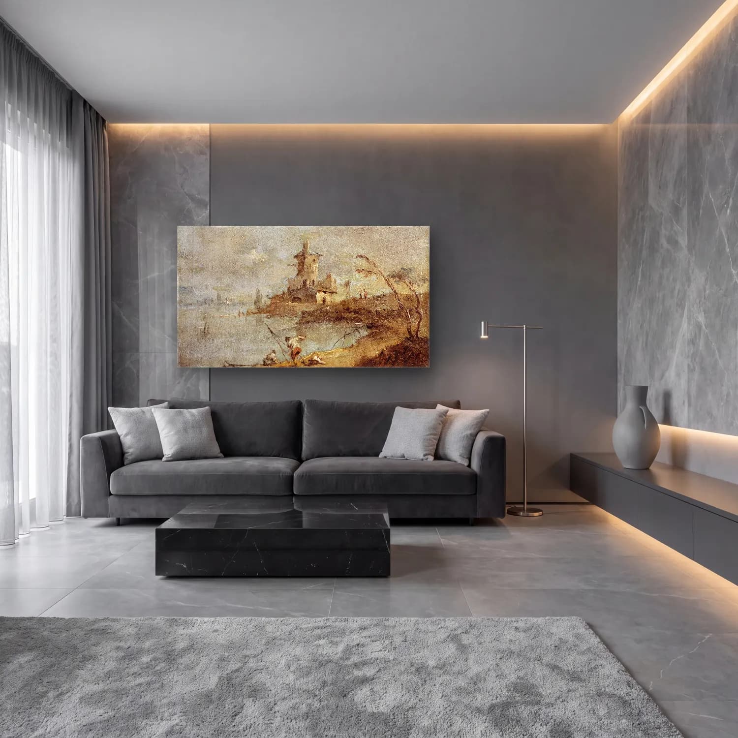 Francesco Guardi – Caprice rustique, avec tour au bord de l’eau (18th century) cam tablo — lüks salon duvarında