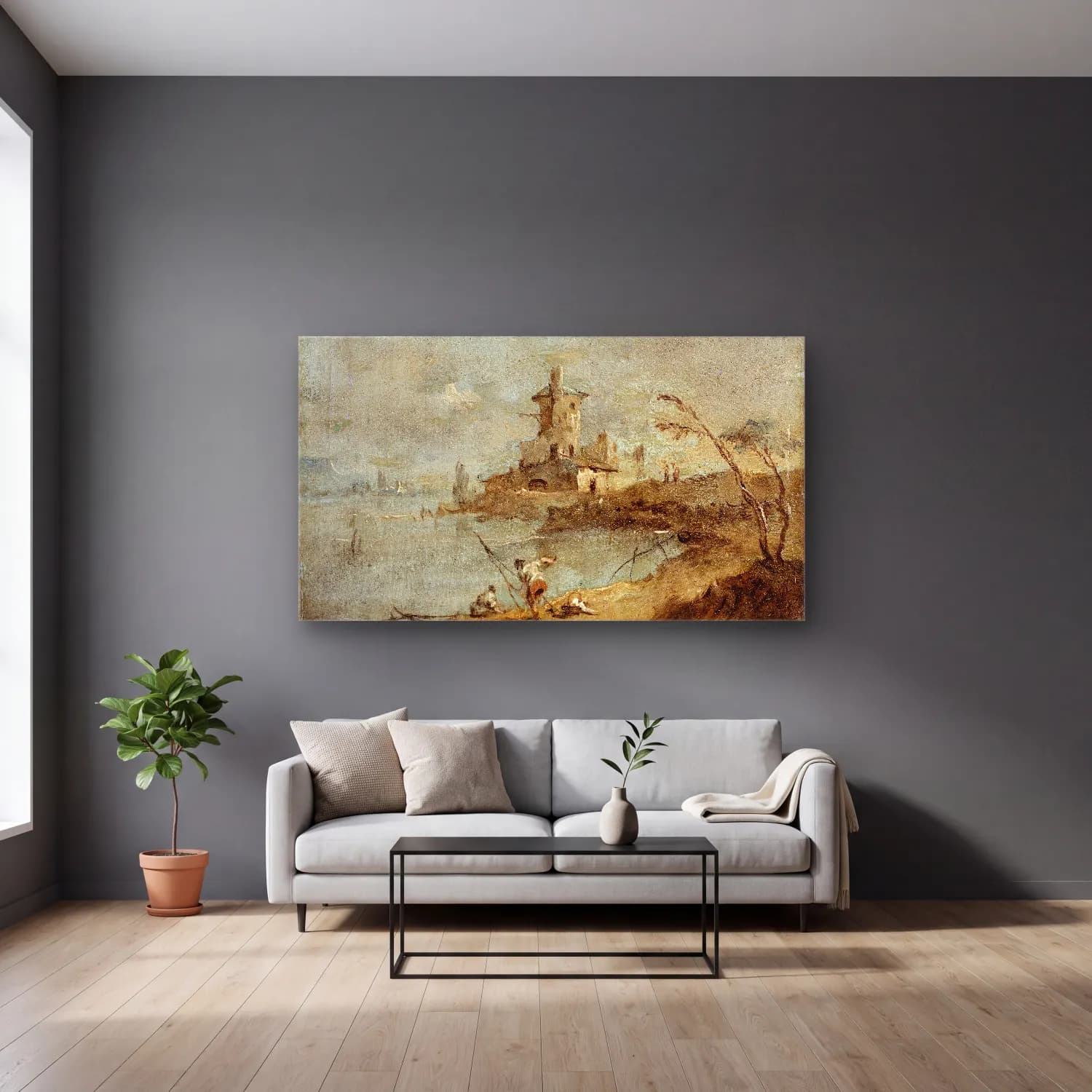Francesco Guardi – Caprice rustique, avec tour au bord de l’eau (18th century) cam tablo — gri duvarlı salonda