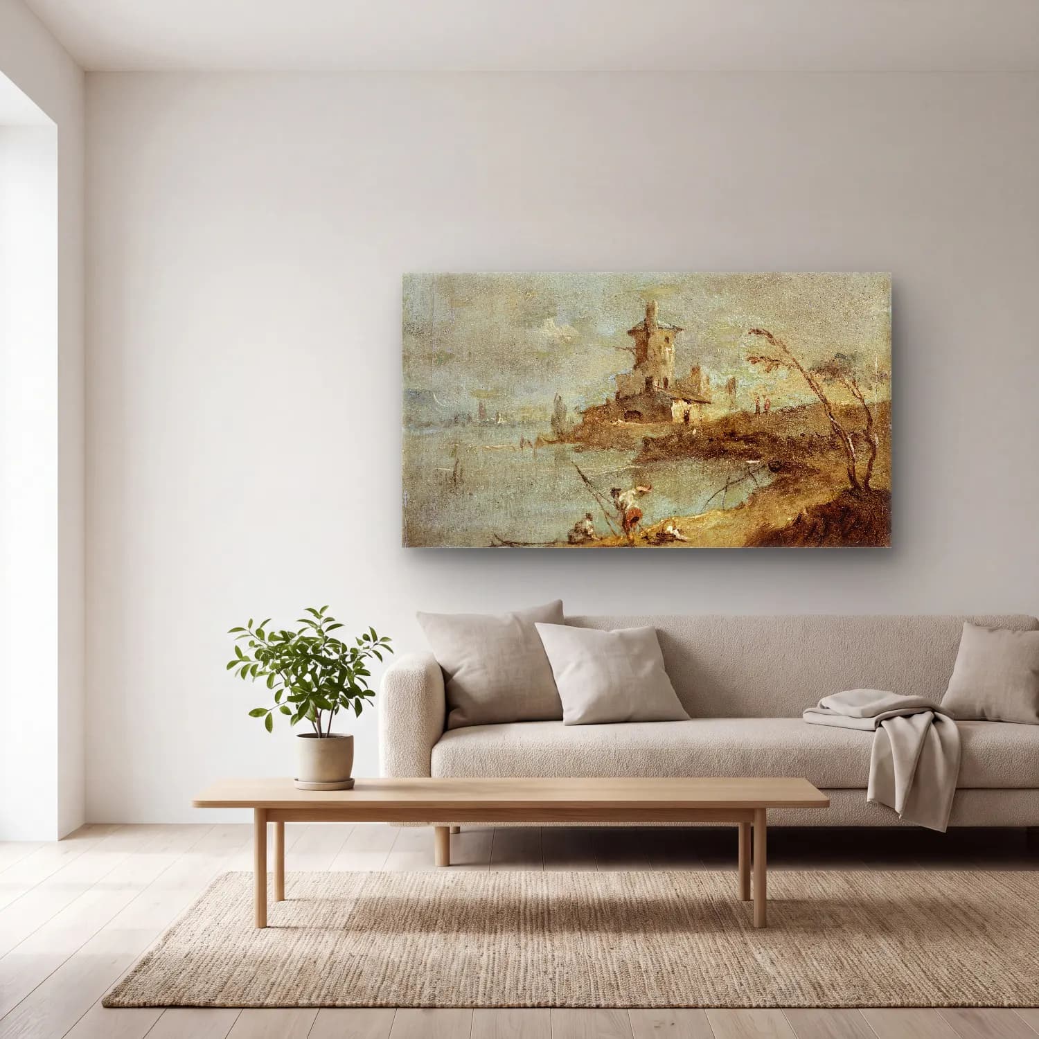 Francesco Guardi – Caprice rustique, avec tour au bord de l’eau (18th century) cam tablo — açık renk salonda