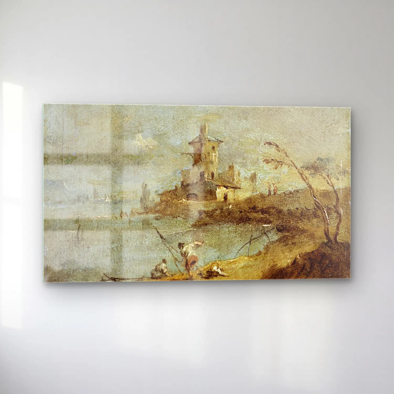 Francesco Guardi – Caprice rustique, avec tour au bord de l’eau (18th century) cam tablo — sol açıdan görünüm
