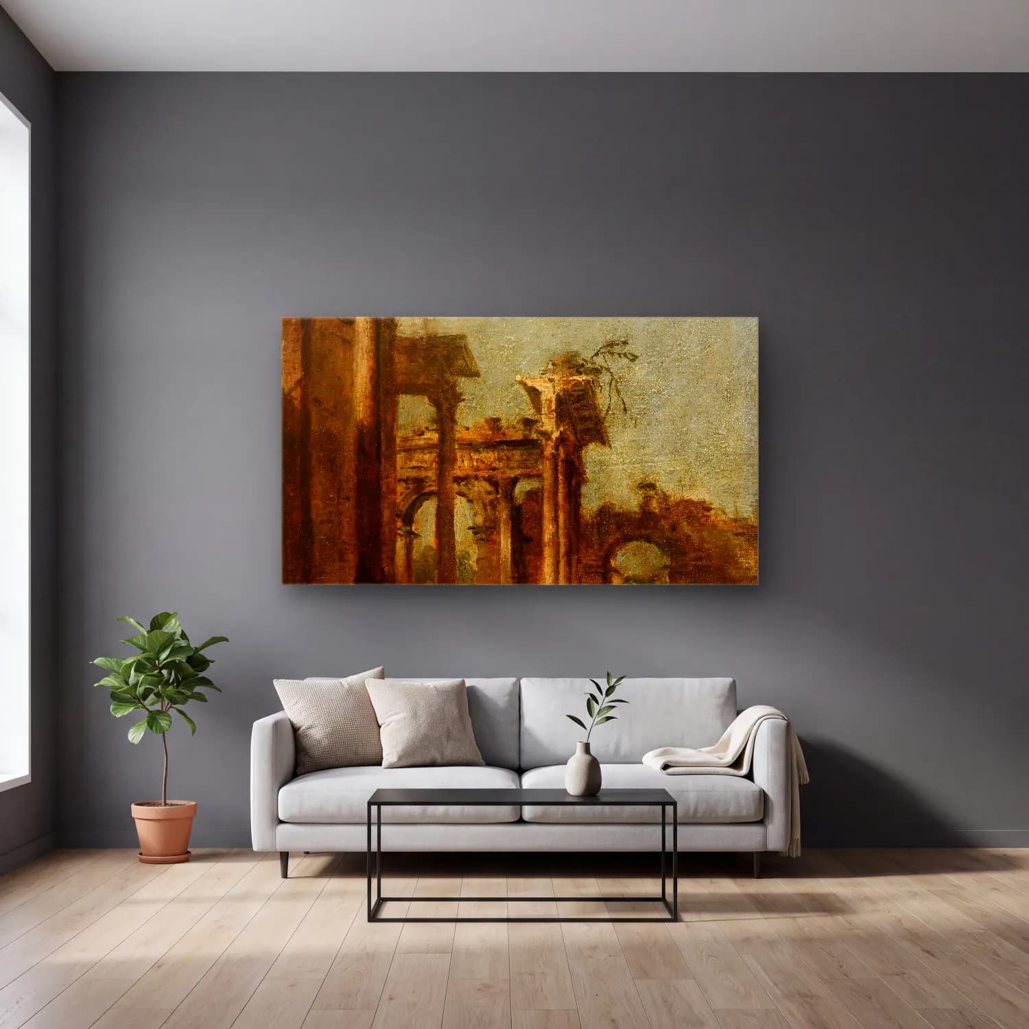 Francesco Guardi – Caprice cam tablo — gri duvarlı salonda