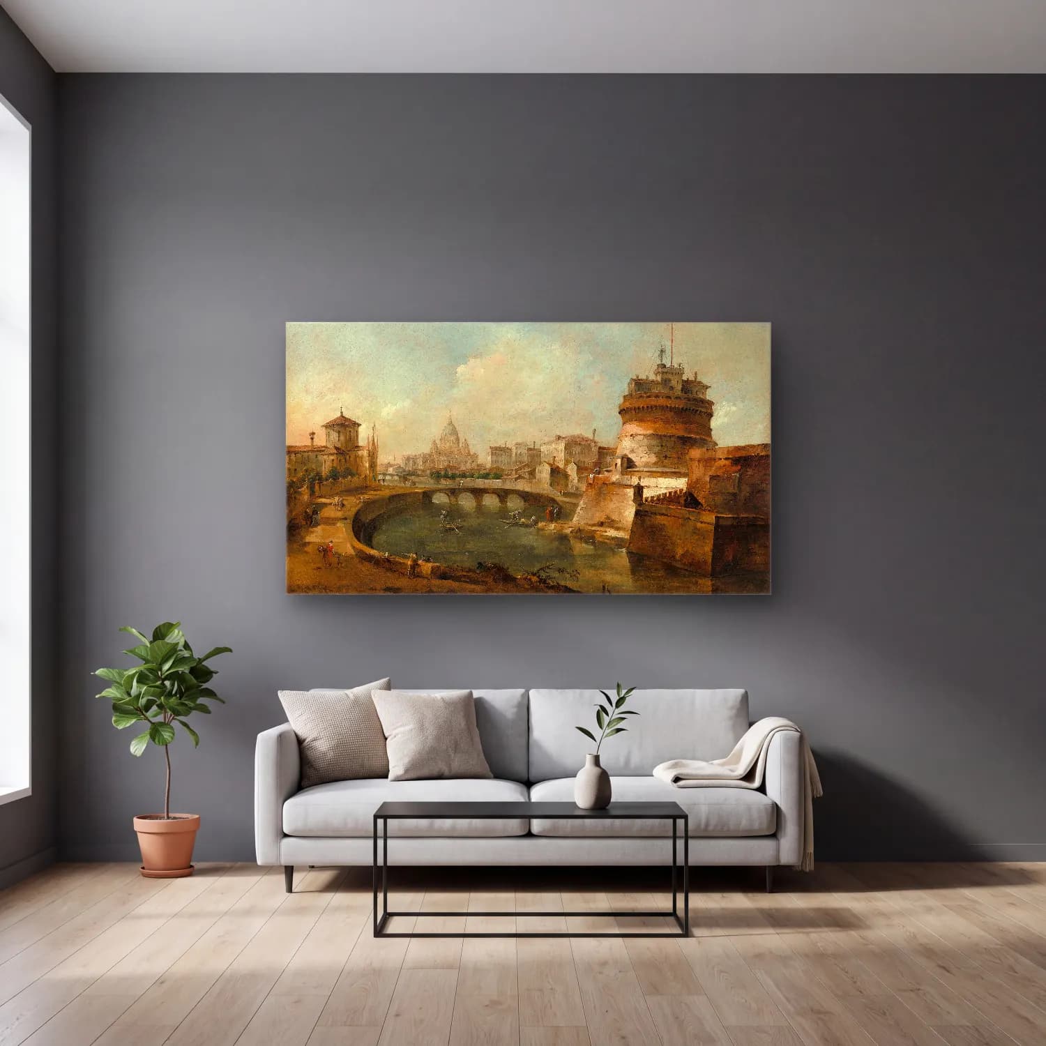 Francesco Guardi – Fanciful View of the Castel Sant’Angelo,Rome cam tablo — gri duvarlı salonda