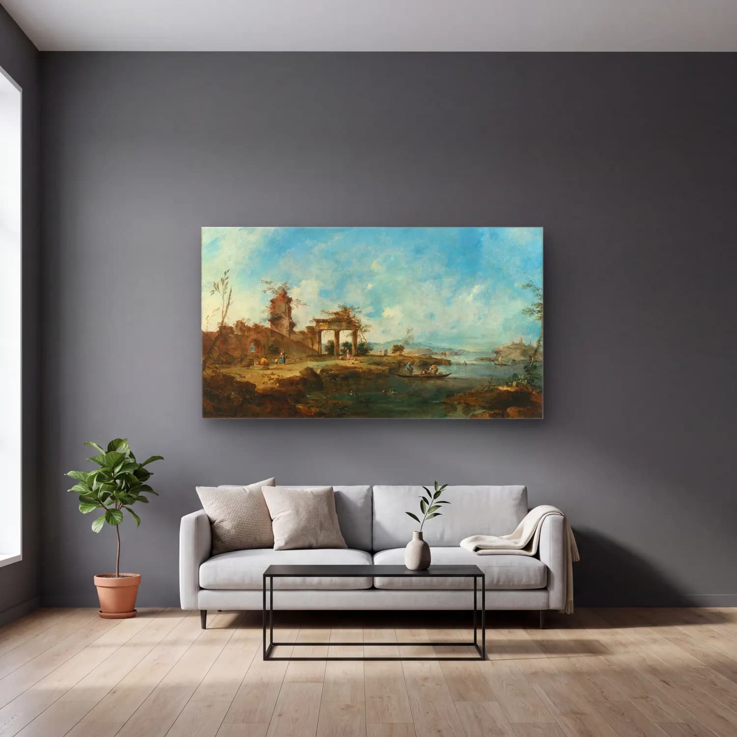 Francesco Guardi – Fantastic Landscape cam tablo — gri duvarlı salonda