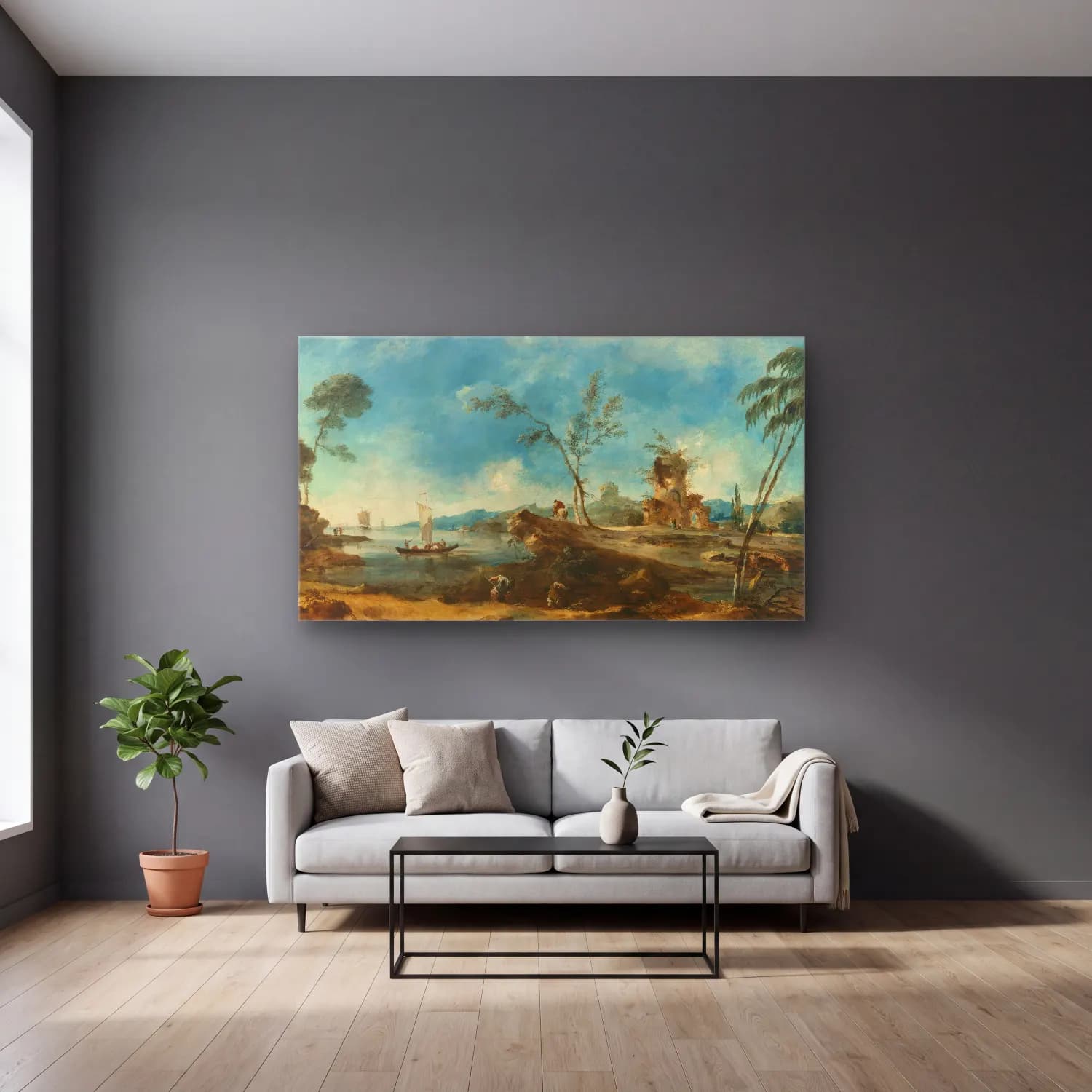 Francesco Guardi – Fantastic Landscape (ca. 1765) cam tablo — gri duvarlı salonda