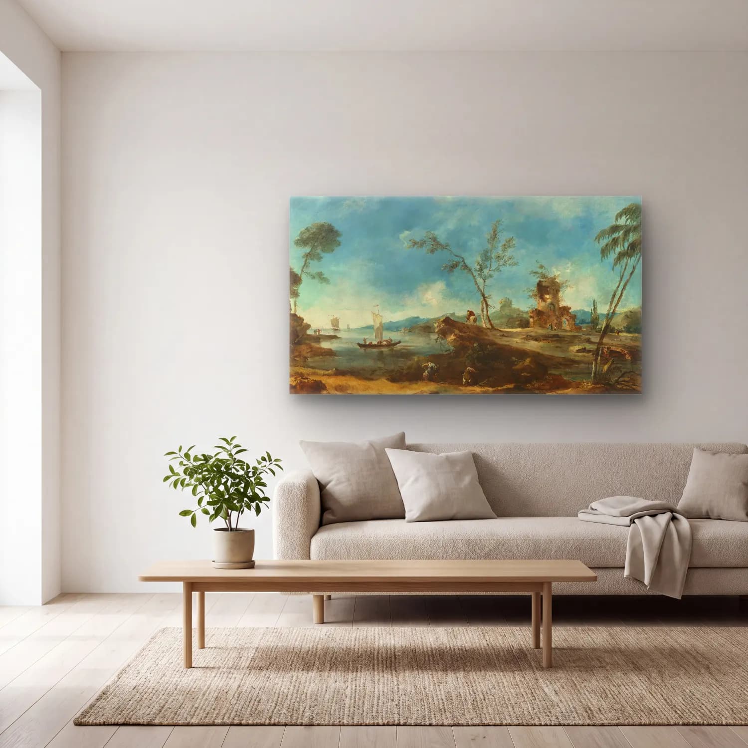 Francesco Guardi – Fantastic Landscape (ca. 1765) cam tablo — açık renk salonda