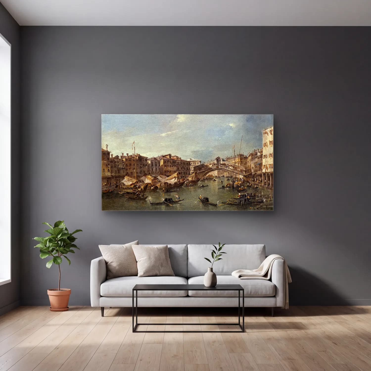 Francesco Guardi – Grand Canal with the Rialto Bridge,Venice (probably c. 1780) cam tablo — gri duvarlı salonda