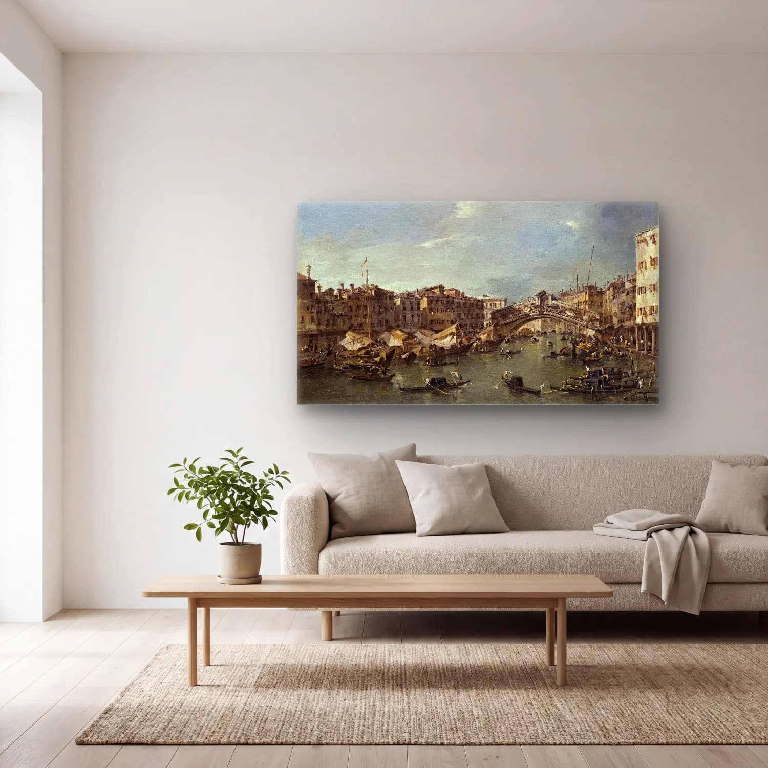 Francesco Guardi – Grand Canal with the Rialto Bridge,Venice (probably c. 1780) cam tablo — açık renk salonda