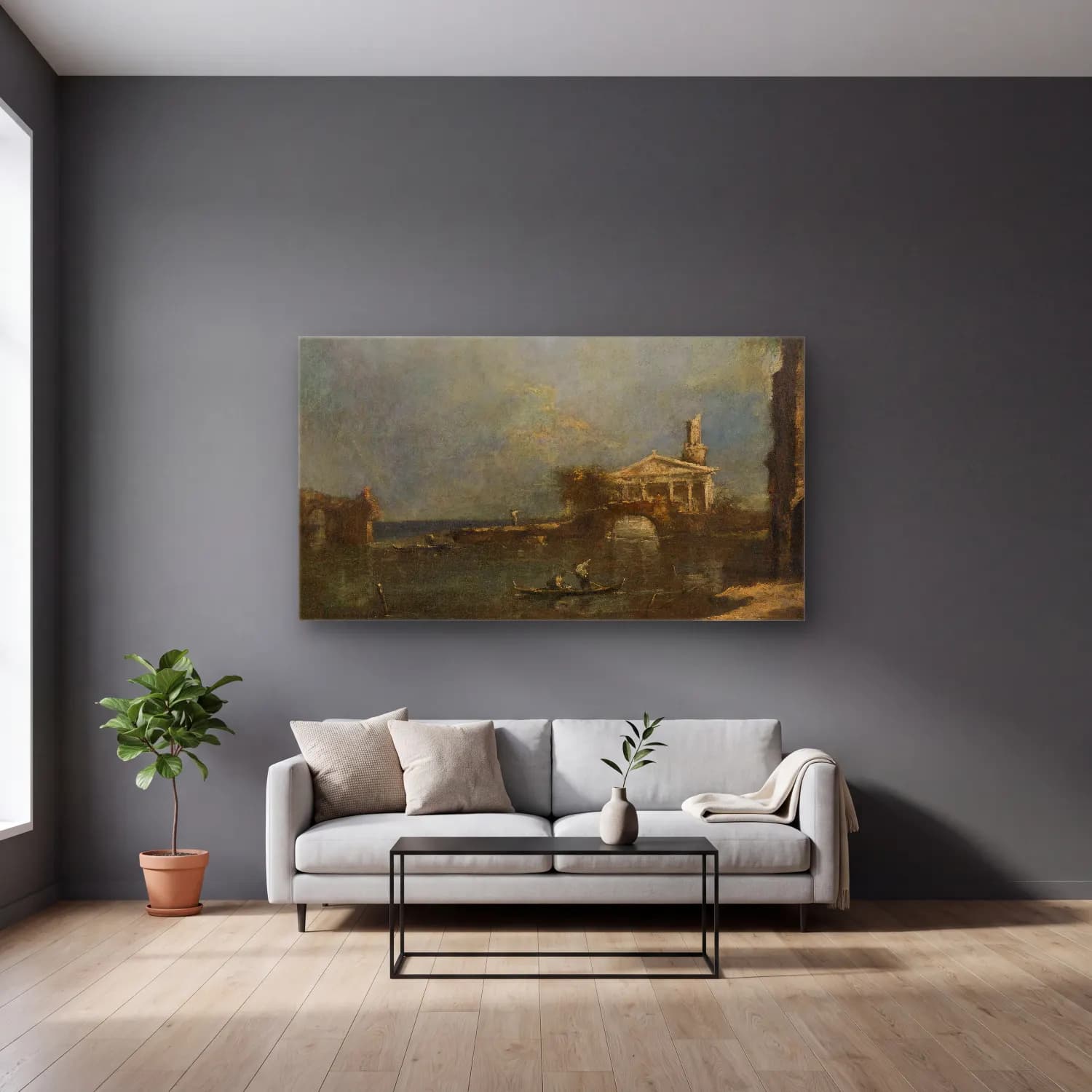 Francesco Guardi – Lagoon near Venice cam tablo — gri duvarlı salonda