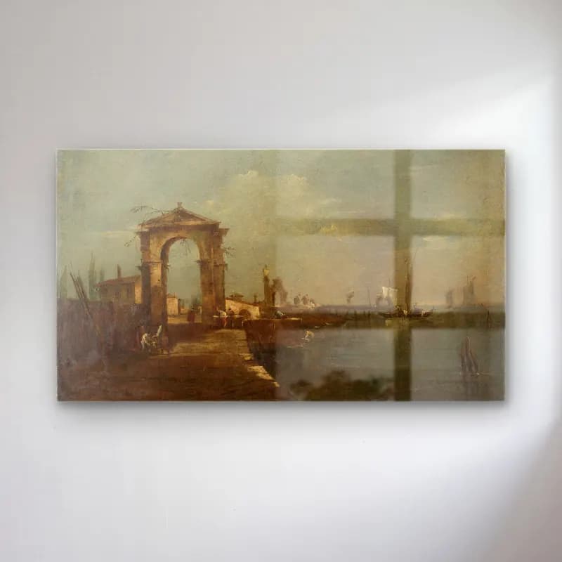 Francesco Guardi – Landscape with a Quay and Ships on a Lake cam tablo — Francesco Guardi – Landscape with a Quay and Ships on a Lake — yağlı boya liman ve tekneler