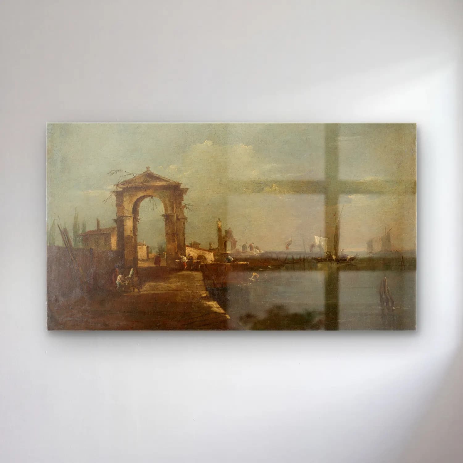 Francesco Guardi – Landscape with a Quay and Ships on a Lake cam tablo — Francesco Guardi – Landscape with a Quay and Ships on a Lake — yağlı boya liman ve tekneler