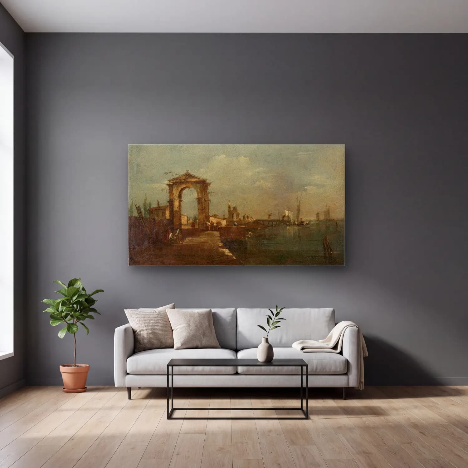 Francesco Guardi – Landscape with a Quay and Ships on a Lake cam tablo — gri duvarlı salonda